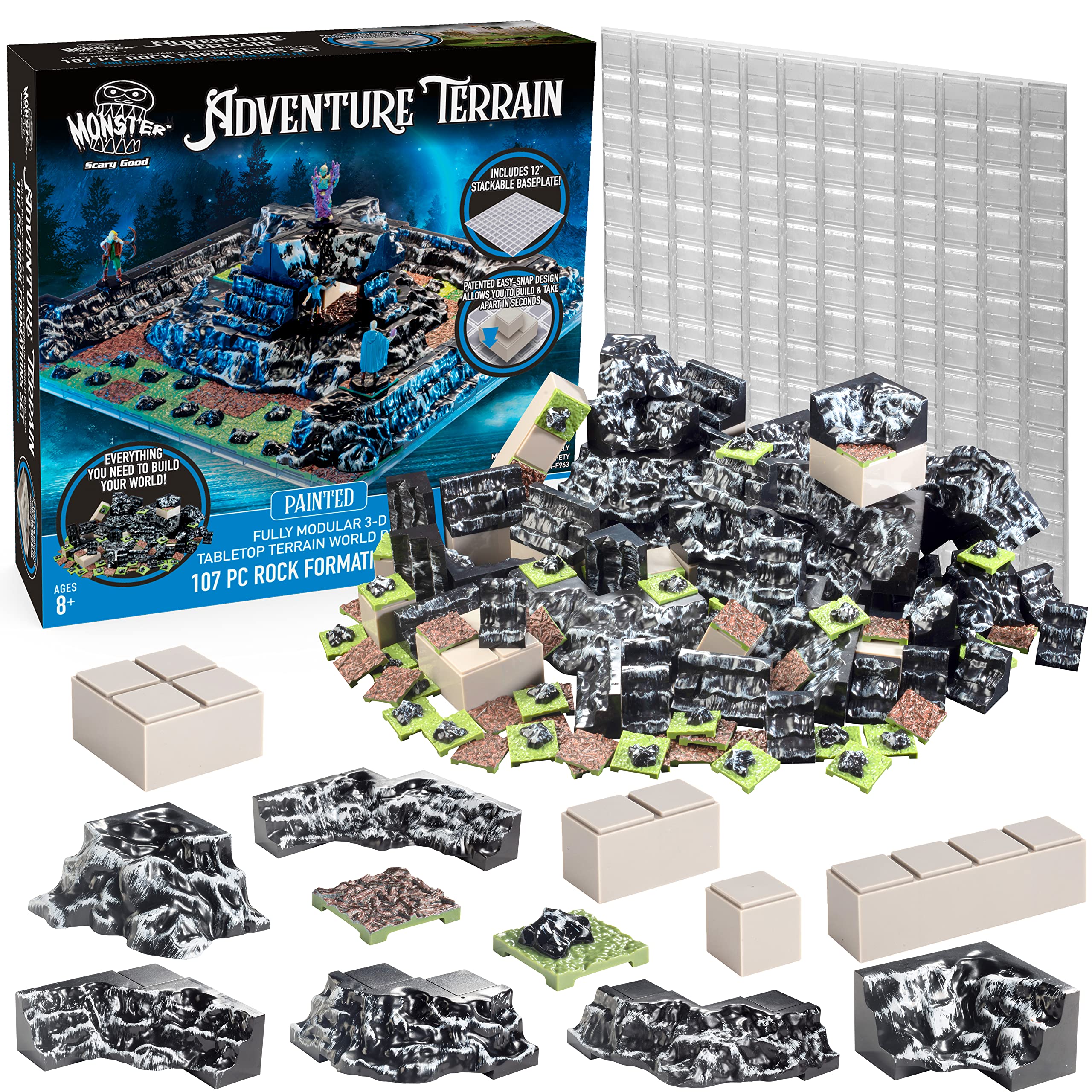 Monster Adventure Terrain 3D Interchangeable Builder System - 107pc Painted Rock Formation Set w Base - Build Modular Worlds in a Snap & Elevate Your Campaign - Compatible with DND Dungeons & Dragons