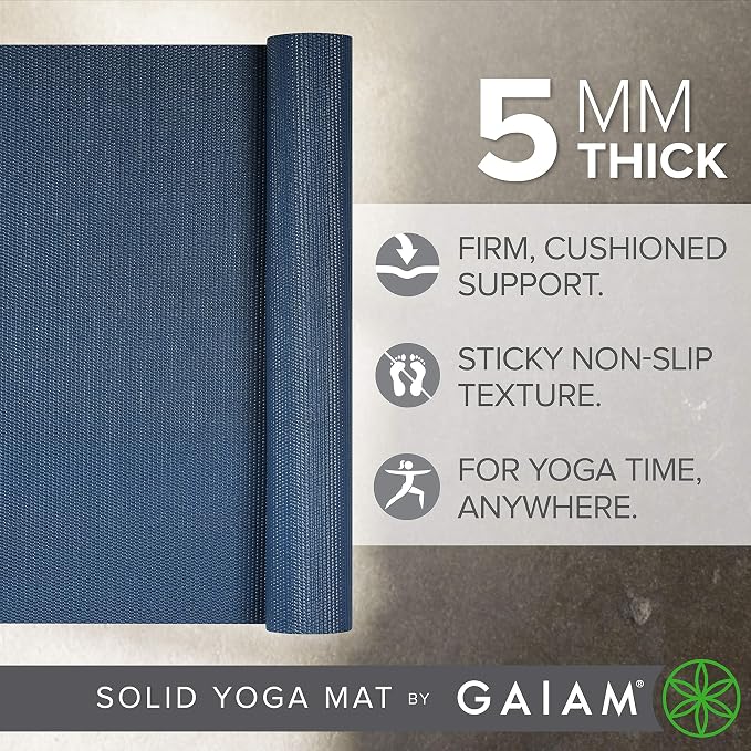 Gaiam Yoga Mat - Premium 5mm Solid Thick Non Slip Exercise & Fitness Mat for All Types of Yoga, Pilates & Floor Workouts (68" x 24" x 5mm) - Indigo Ink