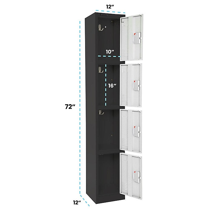 72" H x 12" W  4-Tier Steel Storage Locker with Digital Lock, Black and White, Pack of 4