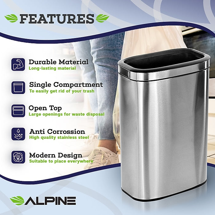 Alpine Industries 40 L / 10.5 Gal Gal Stainless Steel Slim Open Trash Can, Brushed Stainless Steel