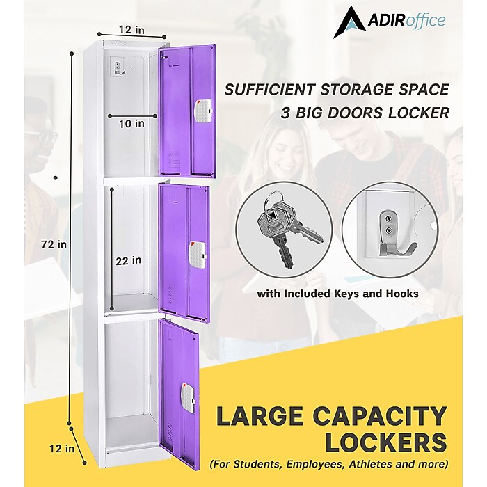 72" H x 12" W  Triple Tier Steel Storage Locker with Digital Lock, Purple