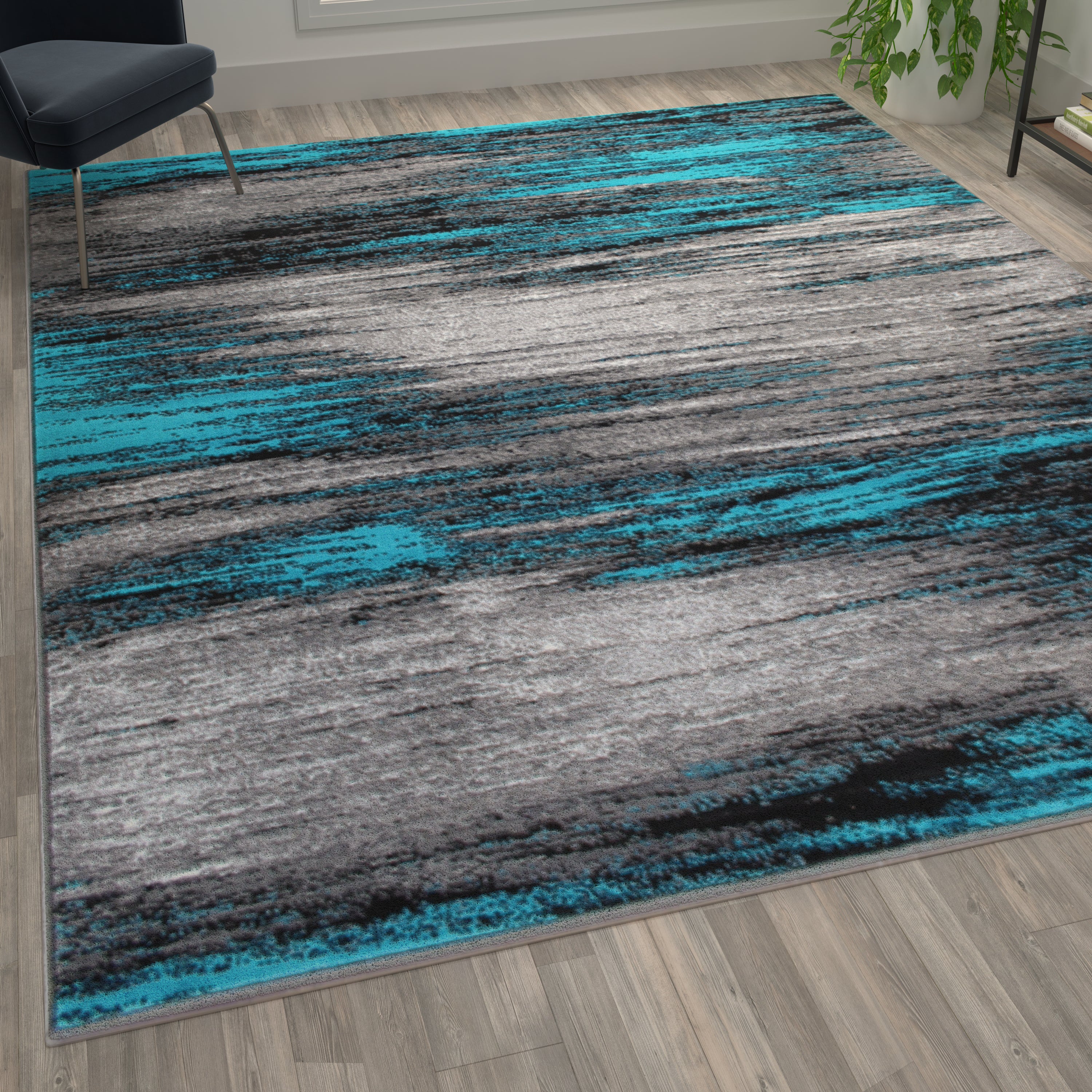 Rylan Collection 6' x 9' Turquoise Abstract Area Rug-Olefin Rug with Jute Backing for Hallway, Entryway, Bedroom, Living Room