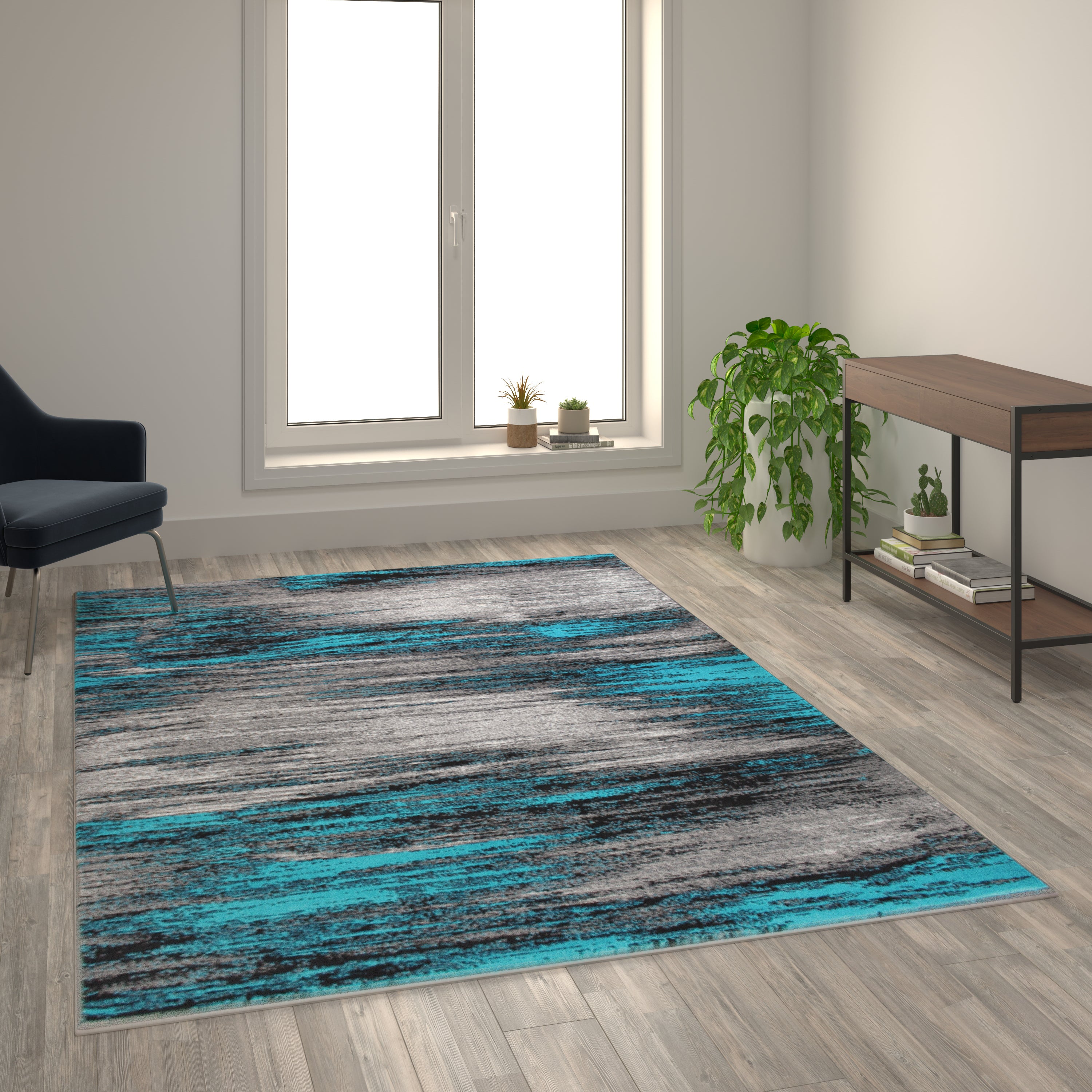 Rylan Collection 6' x 9' Turquoise Abstract Area Rug-Olefin Rug with Jute Backing for Hallway, Entryway, Bedroom, Living Room