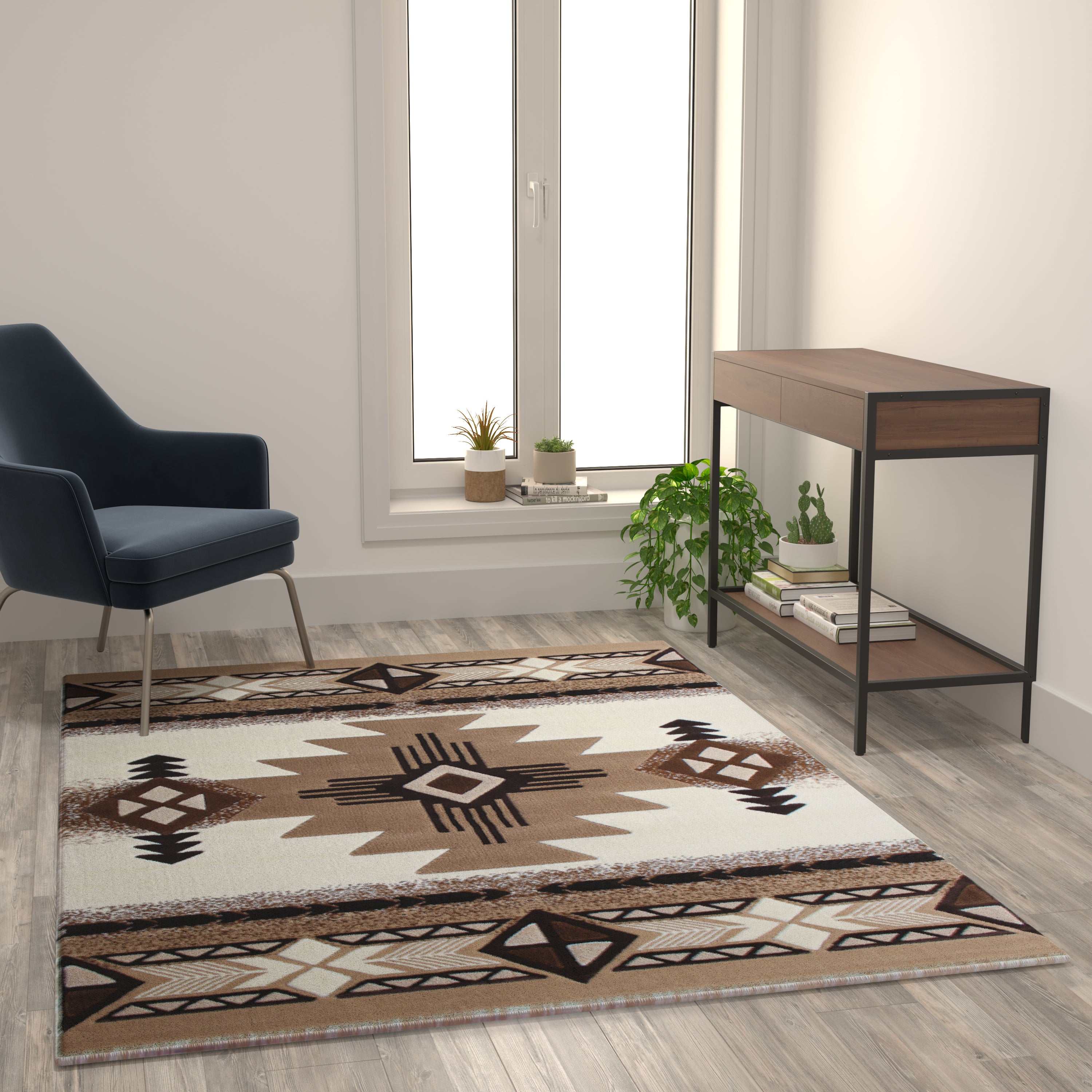 Mohave Collection 5' x 7' Ivory Traditional Southwestern Style Area Rug - Olefin Fibers with Jute Backing