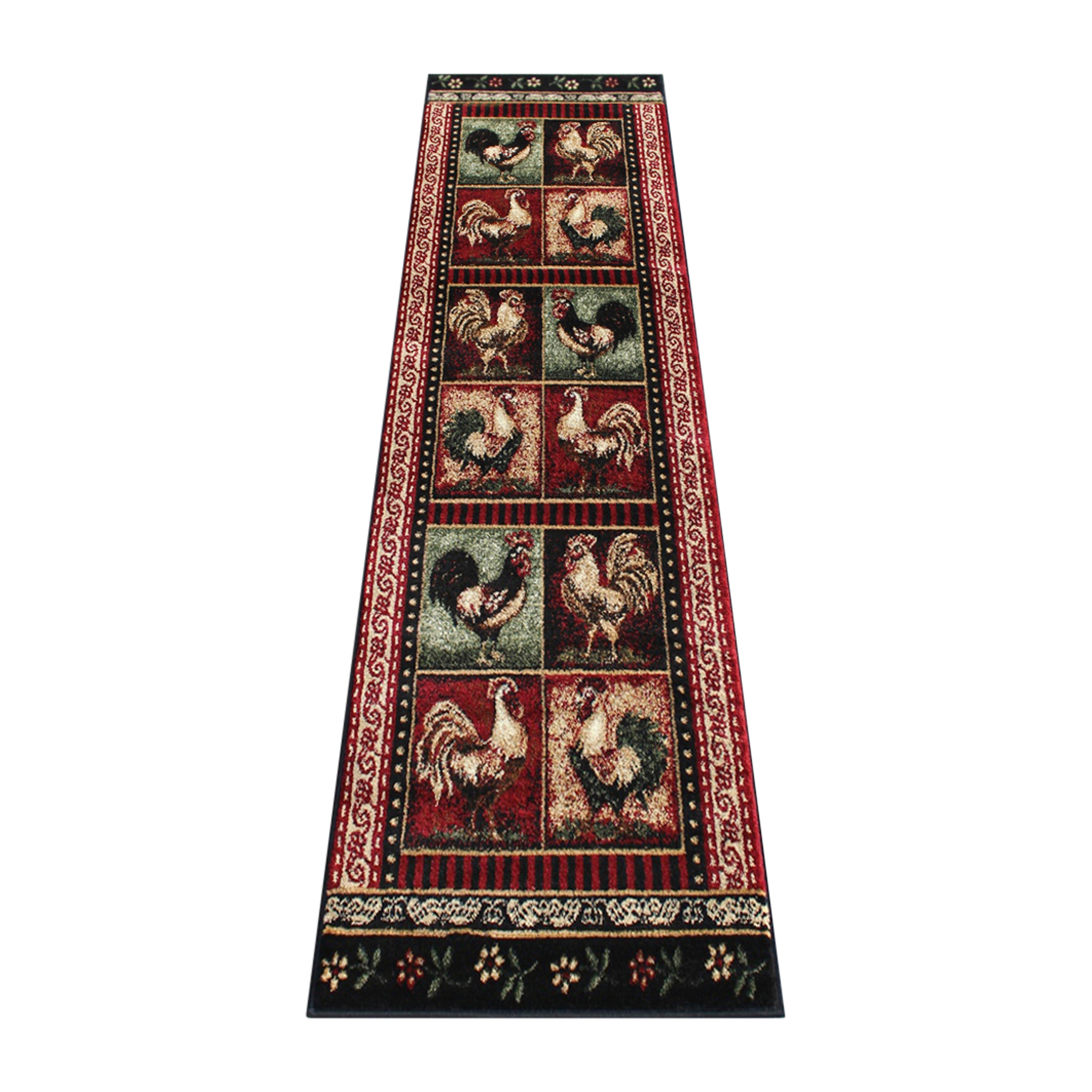 Gallus Collection 2' x 7' Black Rooster Themed Olefin Area Rug with Jute Backing for Kitchen, Living Room, Bedroom