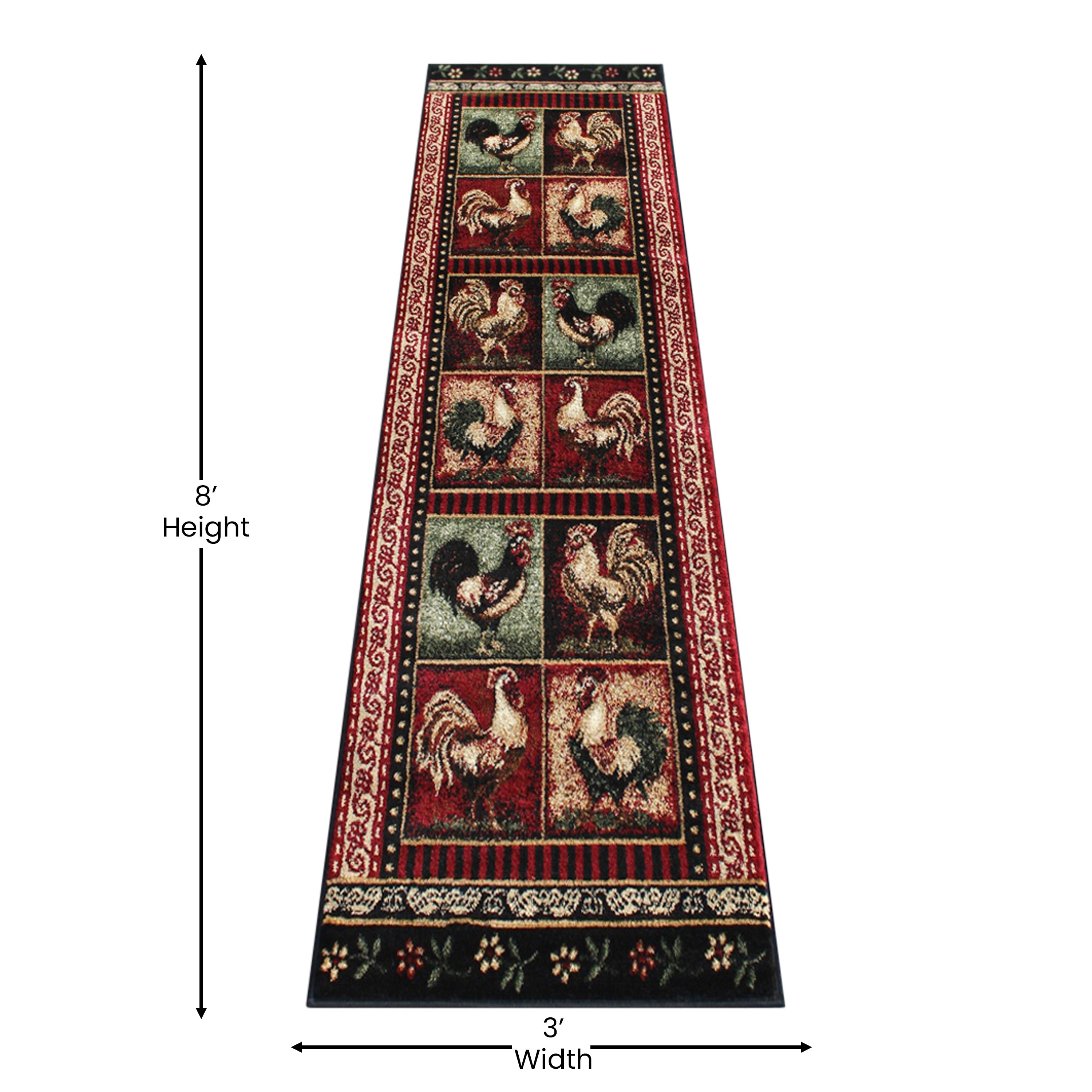 Gallus Collection 2' x 7' Black Rooster Themed Olefin Area Rug with Jute Backing for Kitchen, Living Room, Bedroom
