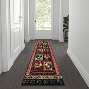 Gallus Collection 2' x 7' Black Rooster Themed Olefin Area Rug with Jute Backing for Kitchen, Living Room, Bedroom