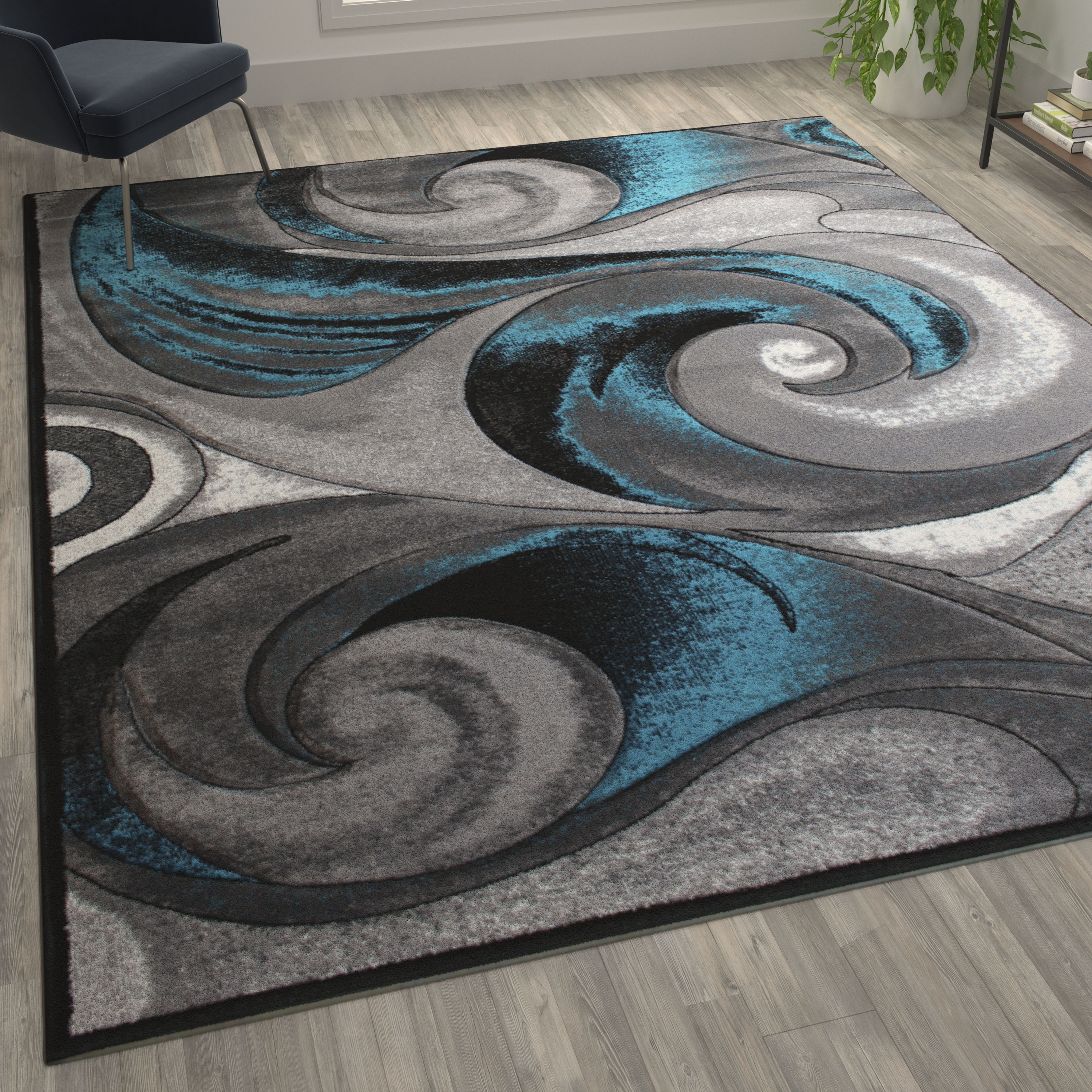 Tellus Collection 8' x 10' Olefin Turquoise Ocean Waves Pattern Area Rug with Jute Backing for Entryway, Living Room, Bedroom