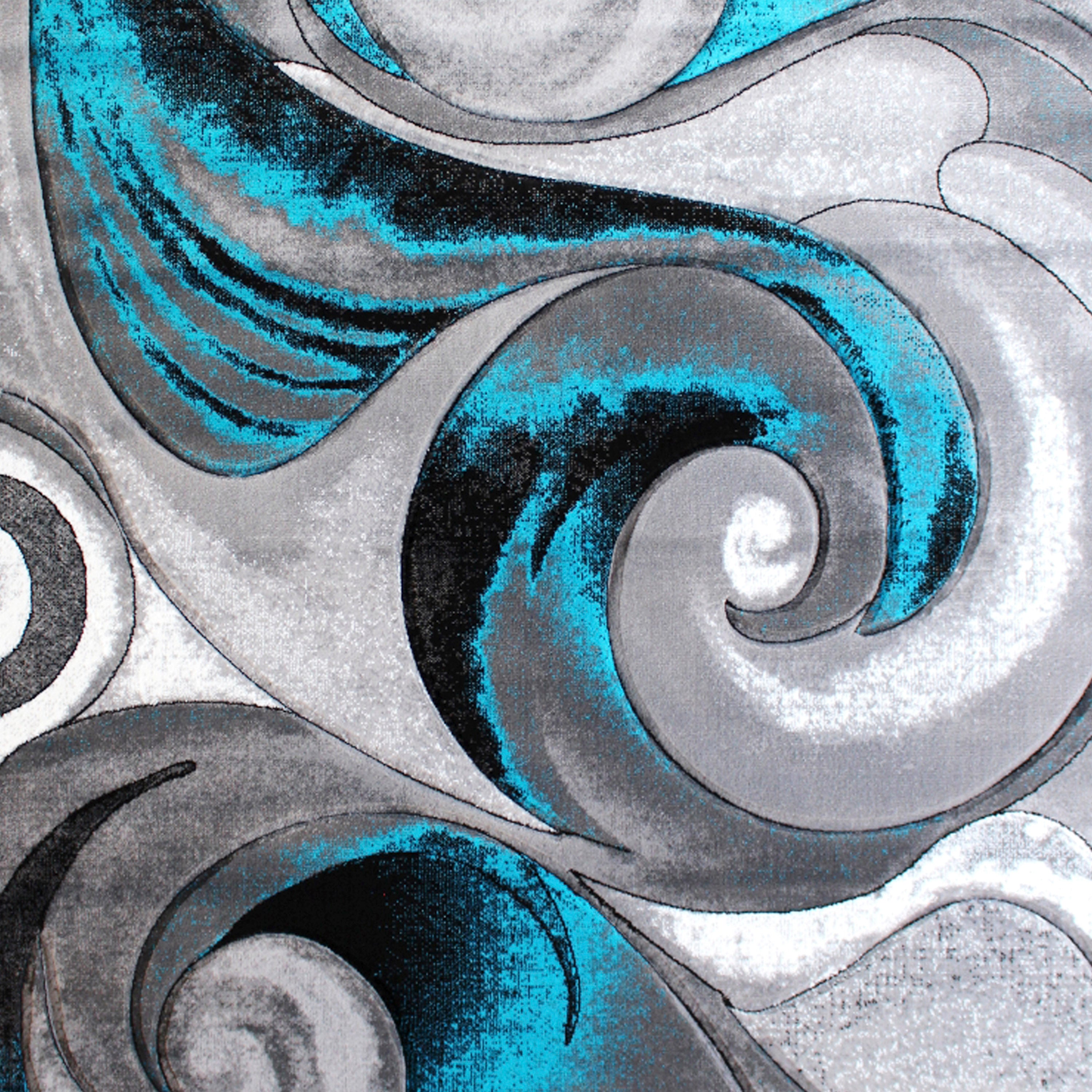 Tellus Collection 8' x 10' Olefin Turquoise Ocean Waves Pattern Area Rug with Jute Backing for Entryway, Living Room, Bedroom