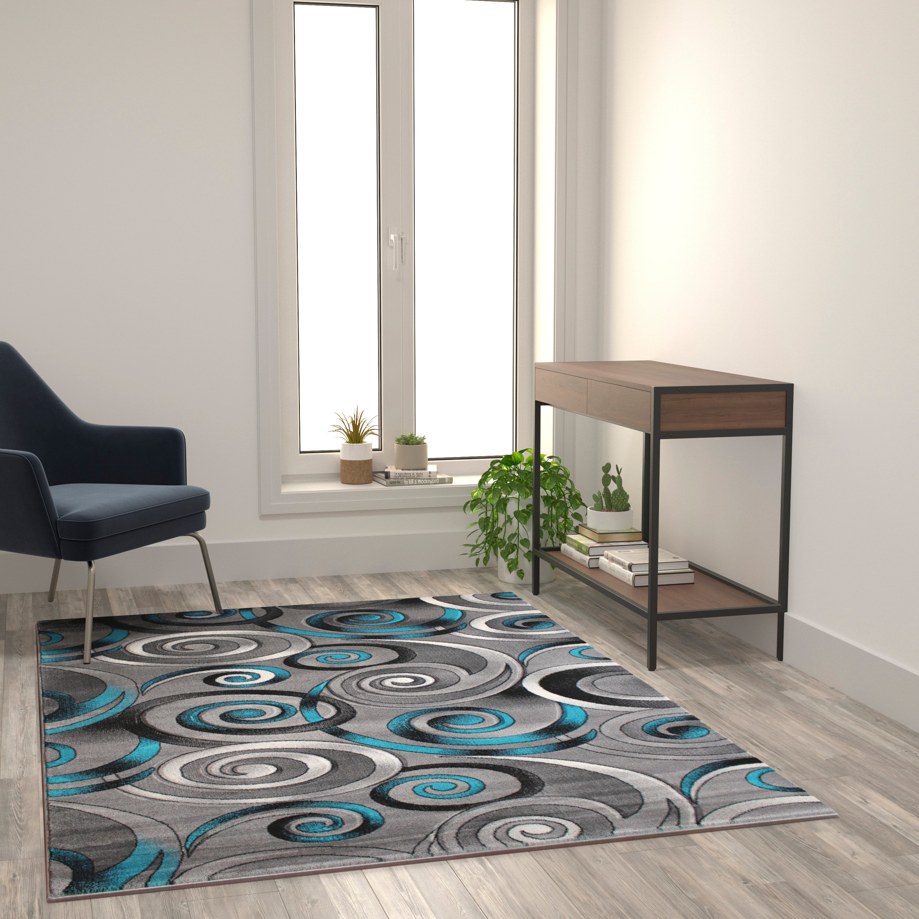 Masie Collection 5' x 7' Turquoise Swirl Olefin Area Rug with Jute Backing - Entryway, Living Room, Bedroom