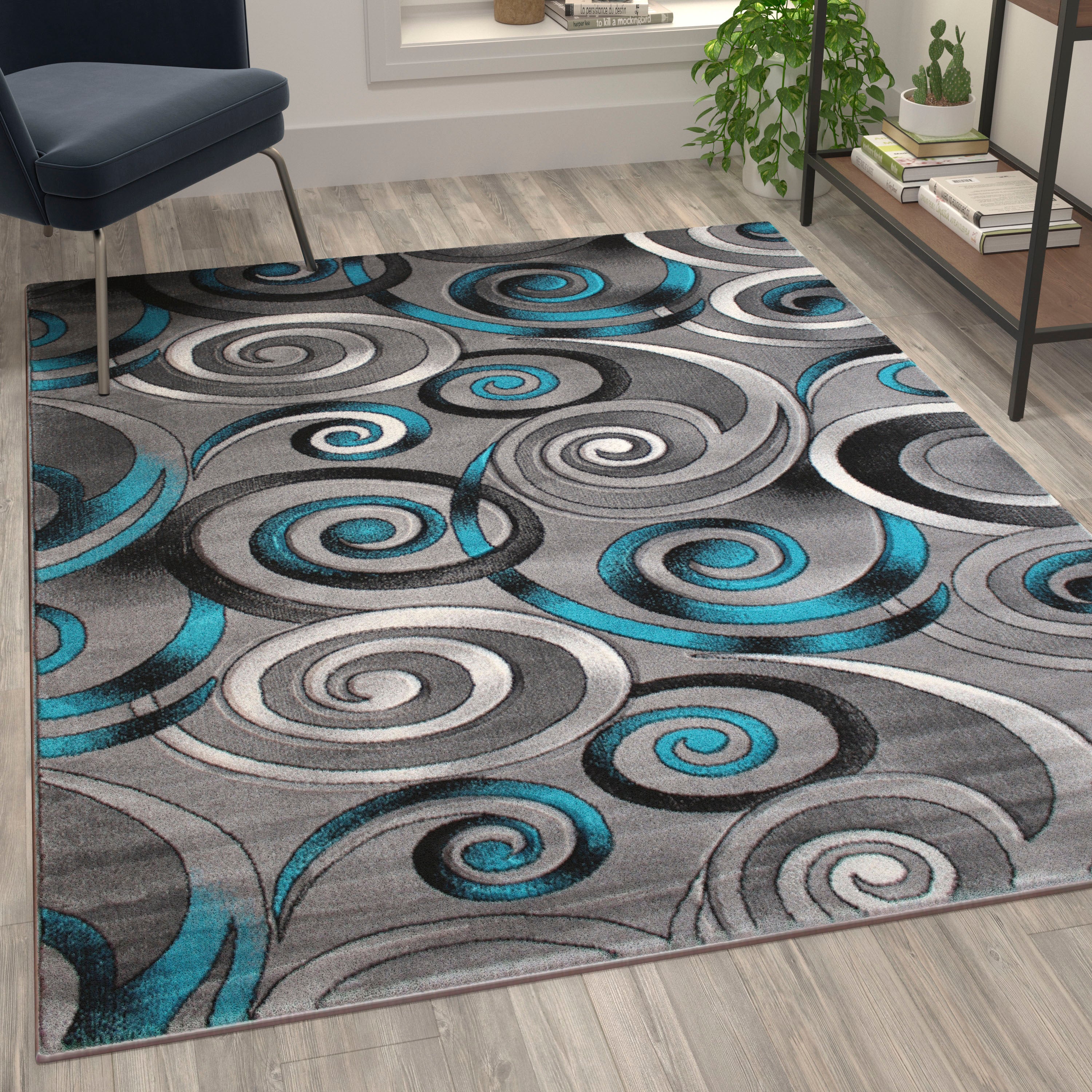 Masie Collection 5' x 7' Turquoise Swirl Olefin Area Rug with Jute Backing - Entryway, Living Room, Bedroom
