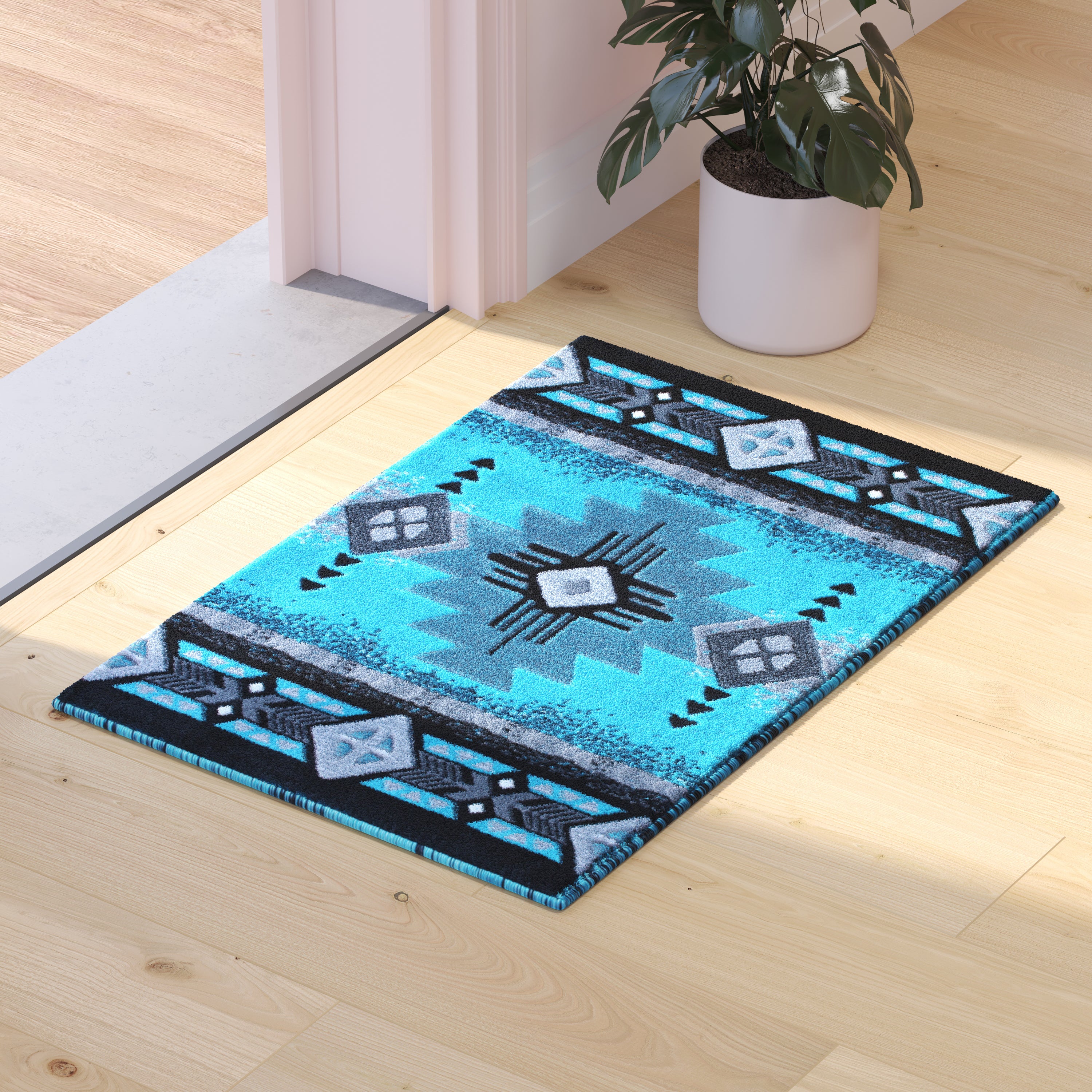 Mohave Collection 2' x 3' Turquoise Traditional Southwestern Style Area Rug - Olefin Fibers with Jute Backing