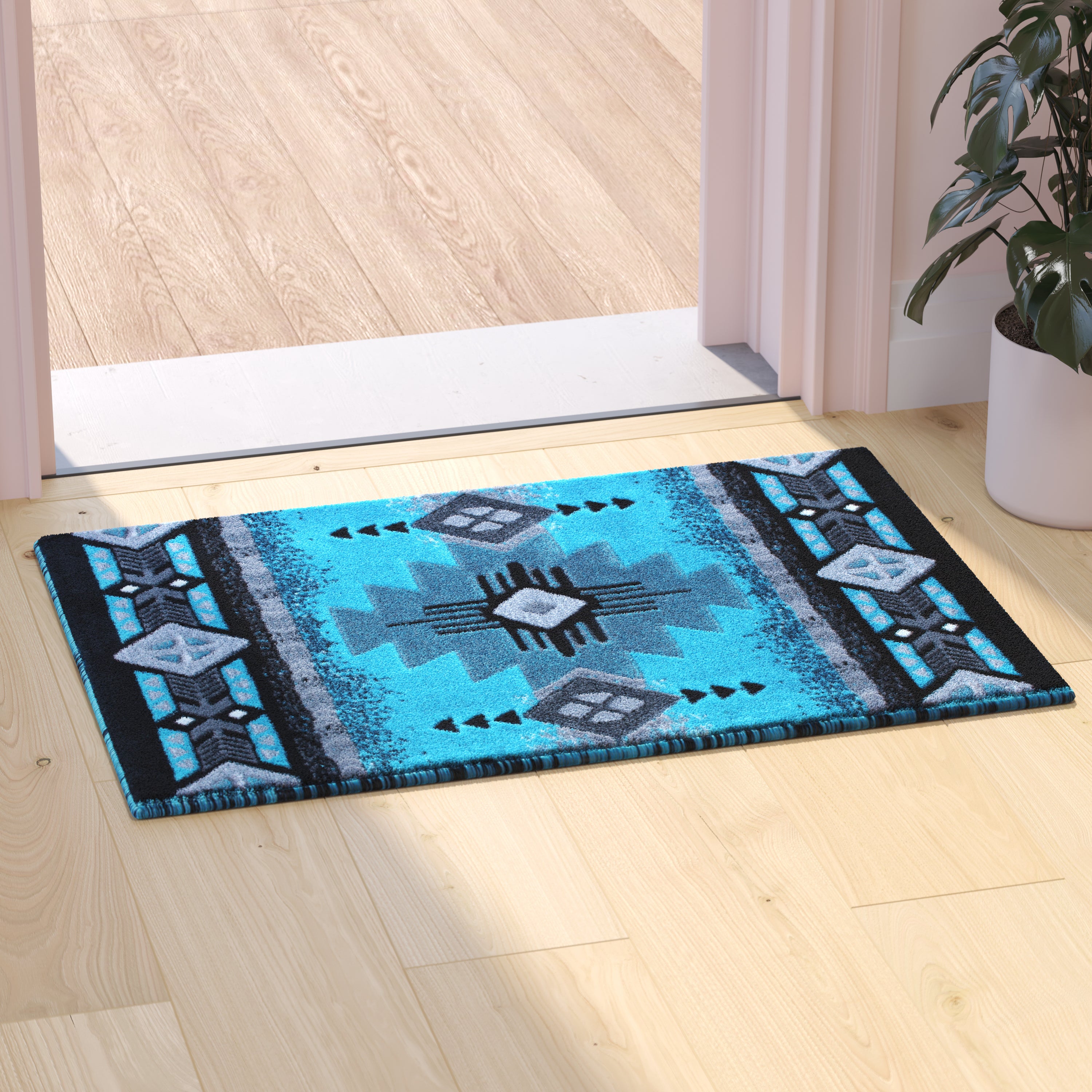 Mohave Collection 2' x 3' Turquoise Traditional Southwestern Style Area Rug - Olefin Fibers with Jute Backing