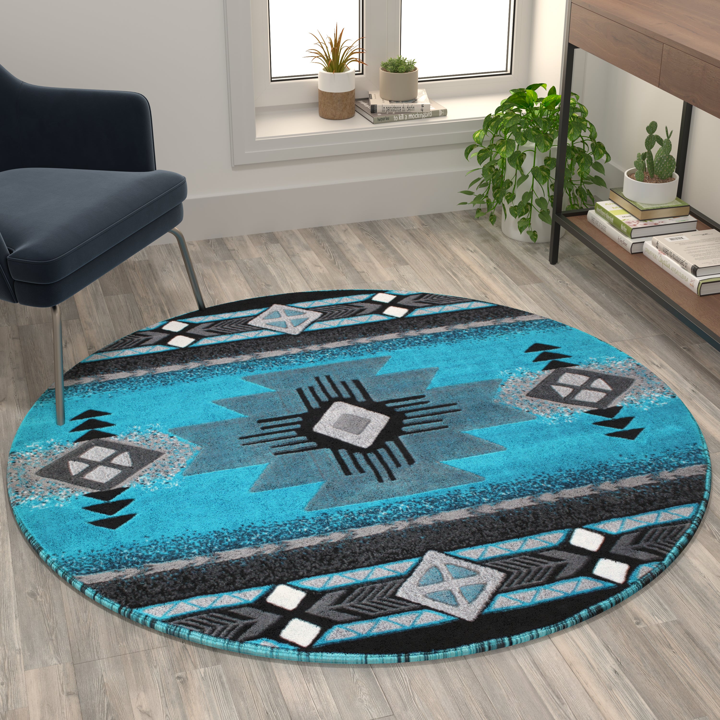 Mohave Collection 5' x 5' Turquoise Traditional Southwestern Style Area Rug - Olefin Fibers with Jute Backing