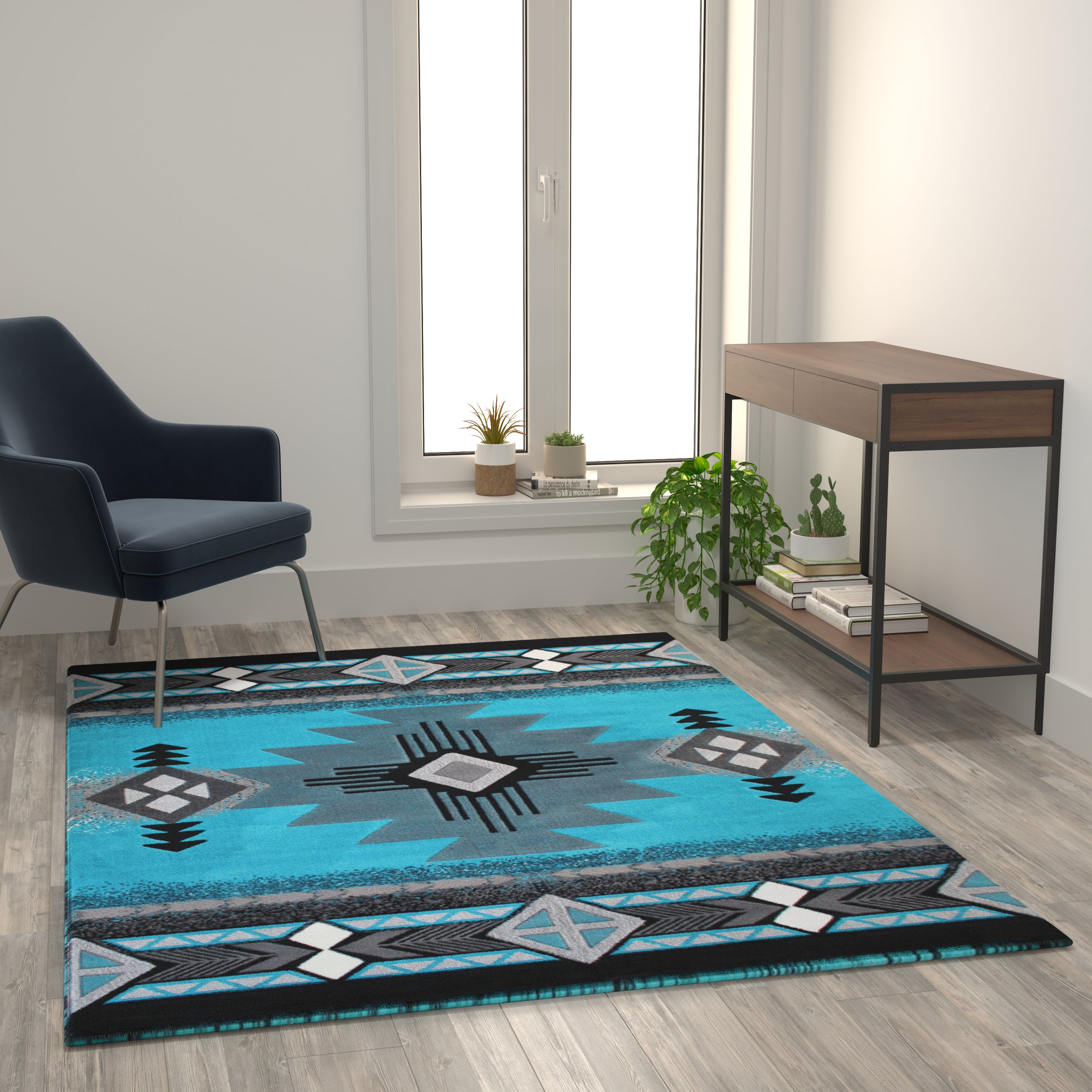 Mohave Collection 5' x 7' Turquoise Traditional Southwestern Style Area Rug - Olefin Fibers with Jute Backing
