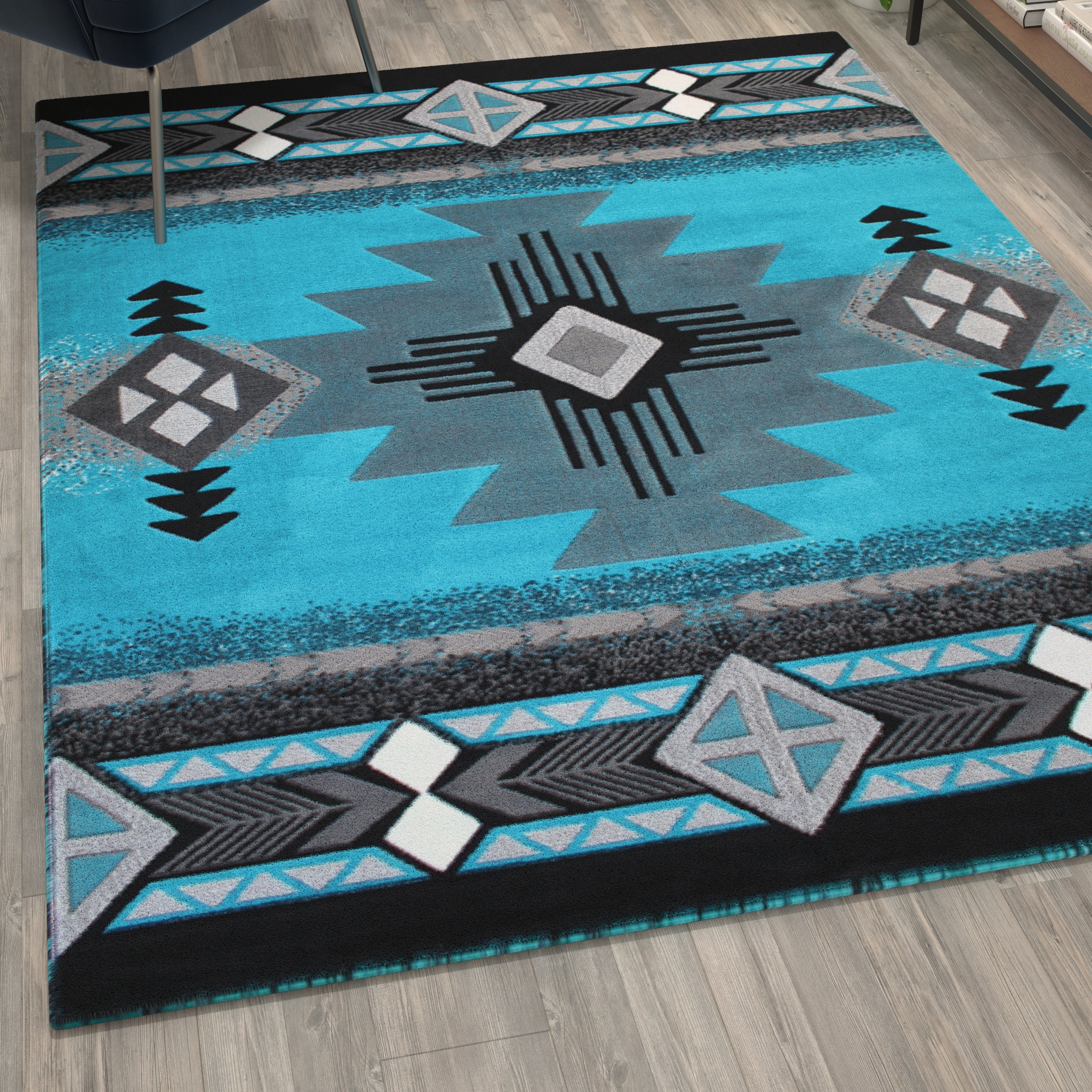 Mohave Collection 5' x 7' Turquoise Traditional Southwestern Style Area Rug - Olefin Fibers with Jute Backing