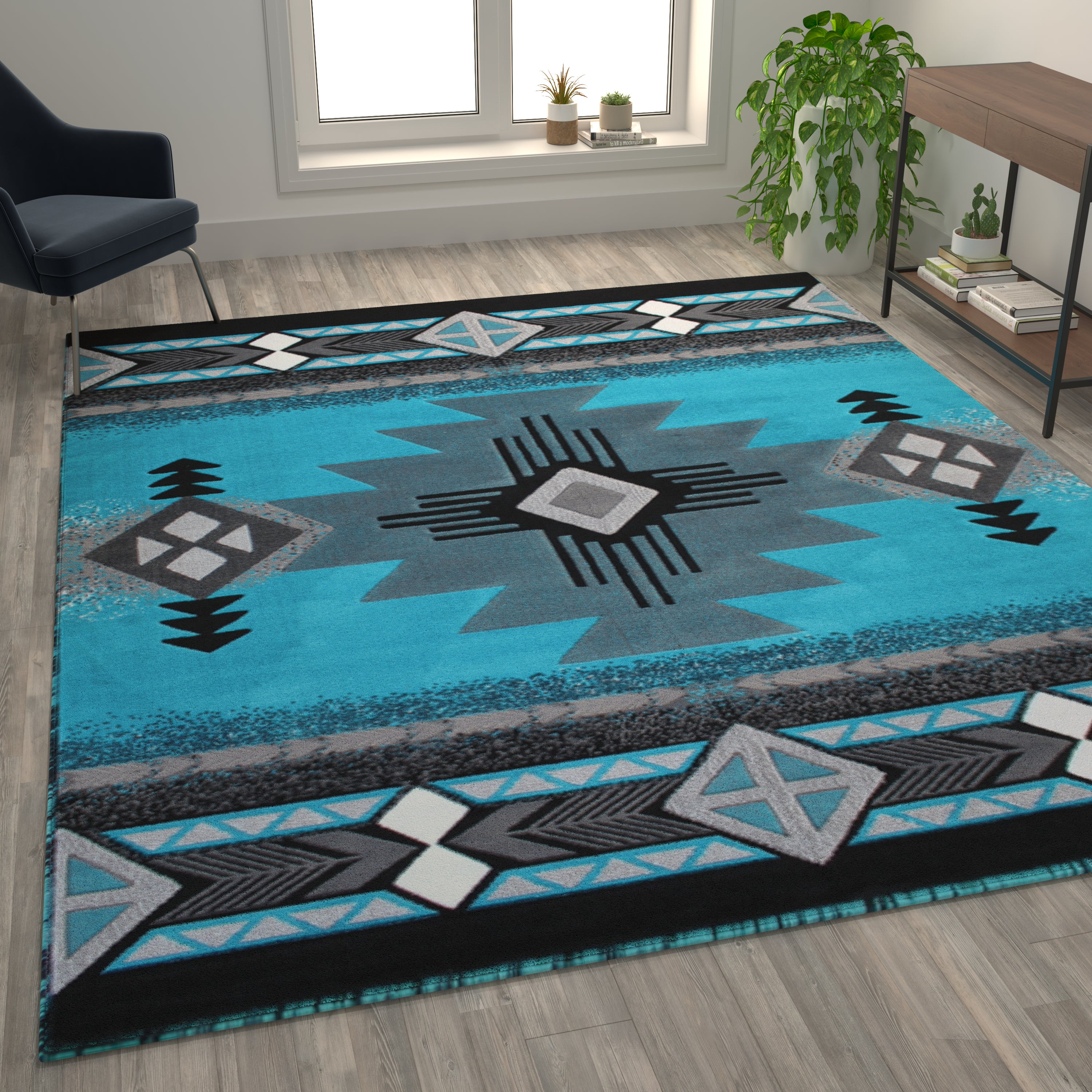 Mohave Collection 8' x 10' Turquoise Traditional Southwestern Style Area Rug - Olefin Fibers with Jute Backing