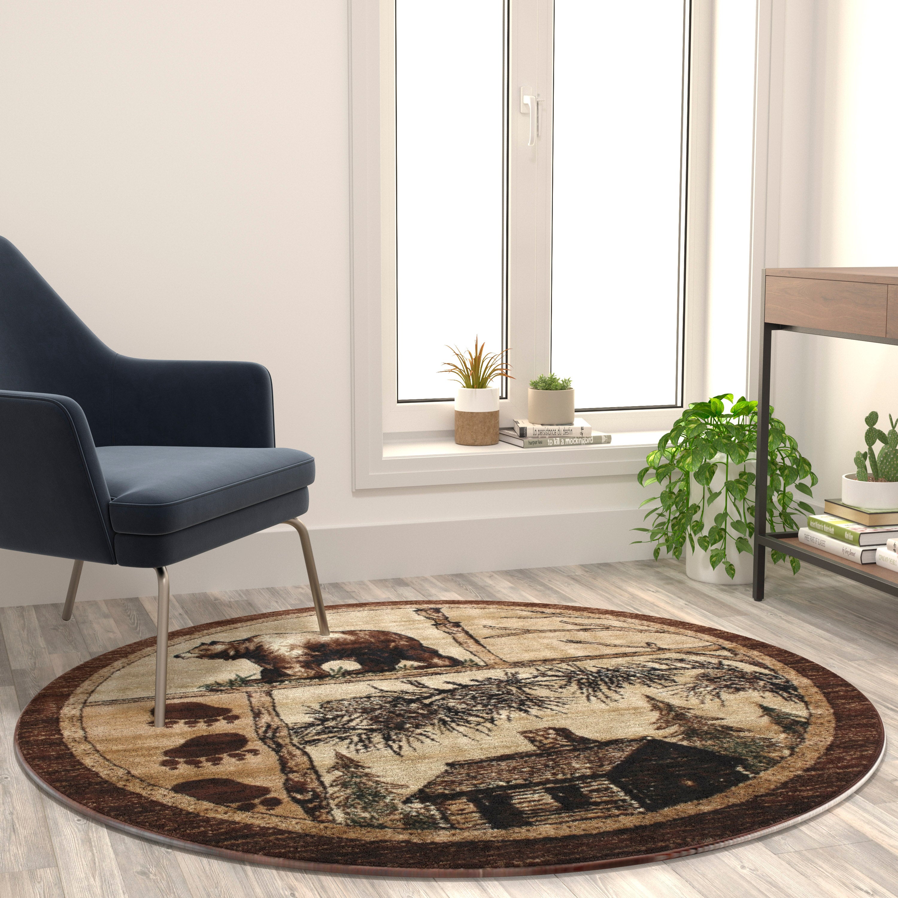 Vale Collection 6' x 6' Rustic Wildlife Themed Area Rug - Olefin Rug with Jute Backing - Entryway, Living Room, or Bedroom