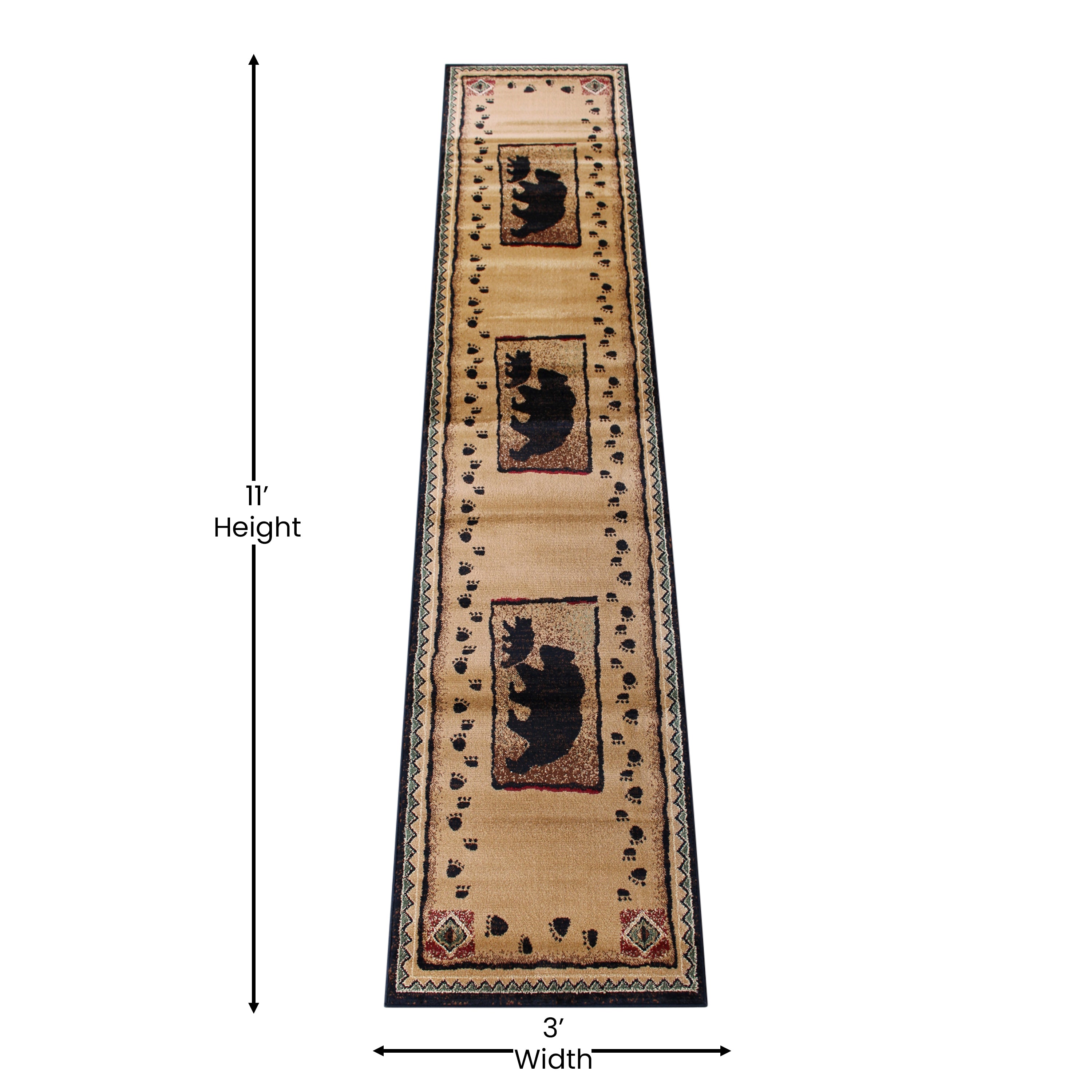 Matra Collection 2' x 10' Black Rustic Style Bear and Cub Area Rug with Jute Backing
