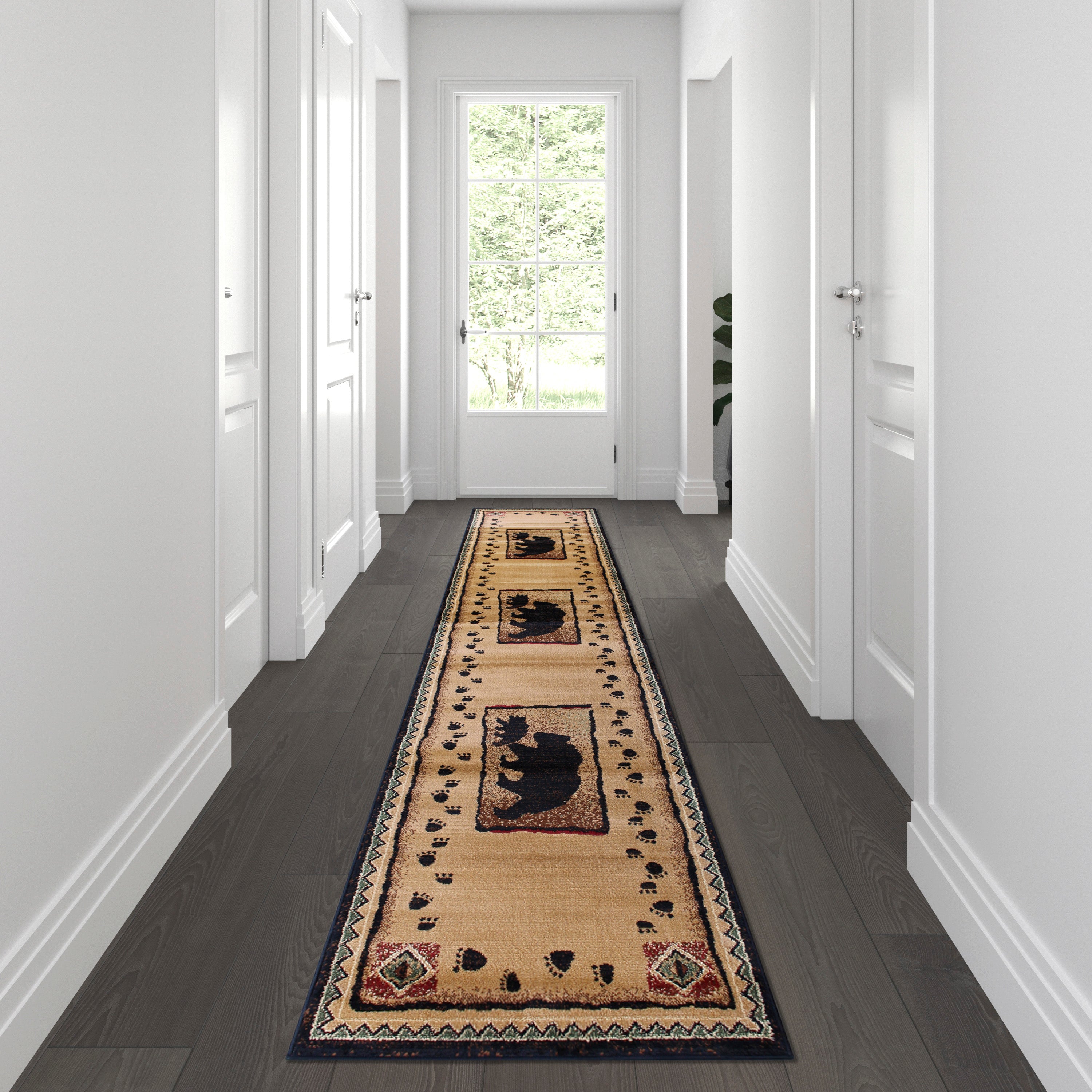 Matra Collection 2' x 10' Black Rustic Style Bear and Cub Area Rug with Jute Backing