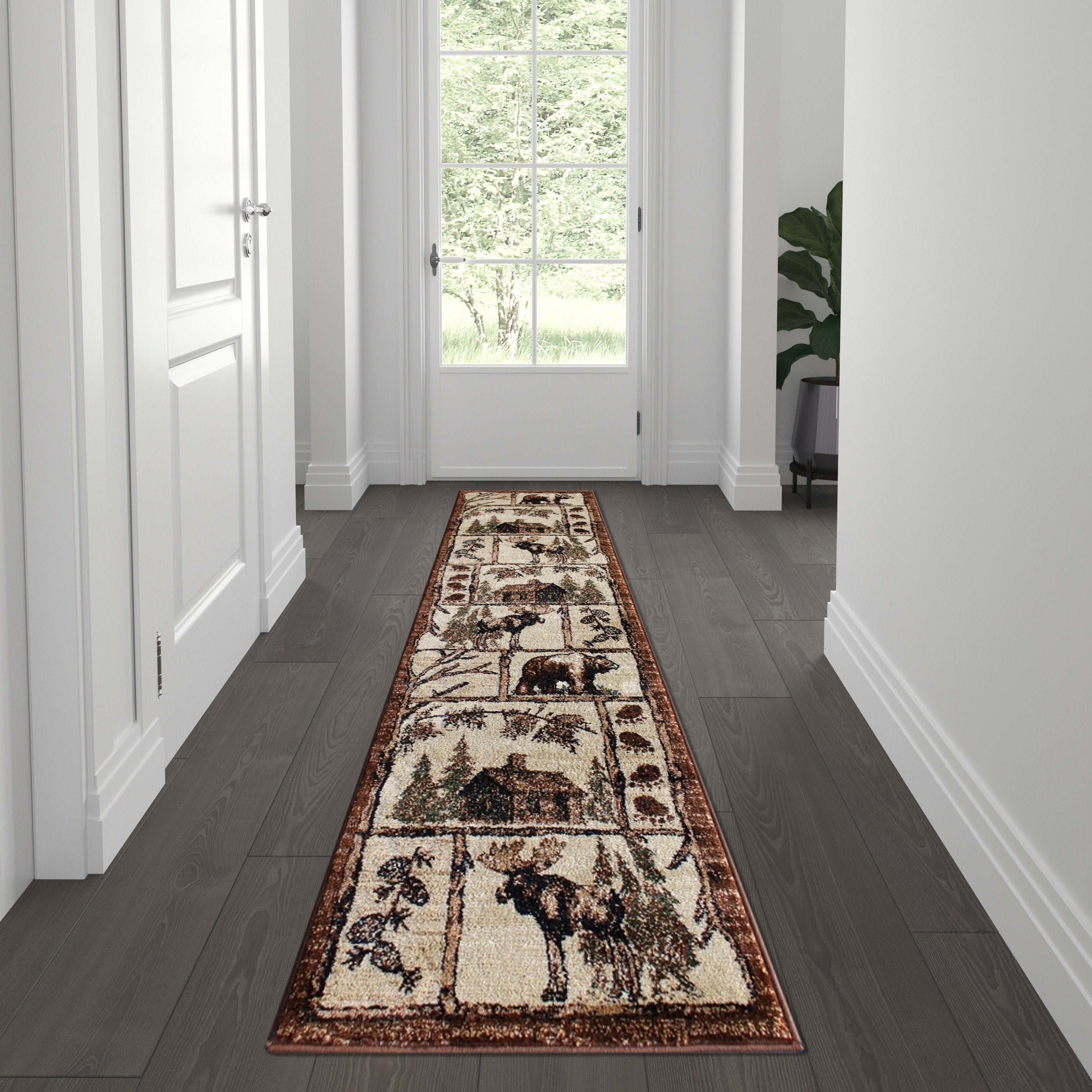 Vale Collection 2' x 7' Rustic Wildlife Themed Area Rug - Olefin Rug with Jute Backing - Entryway, Living Room, or Bedroom