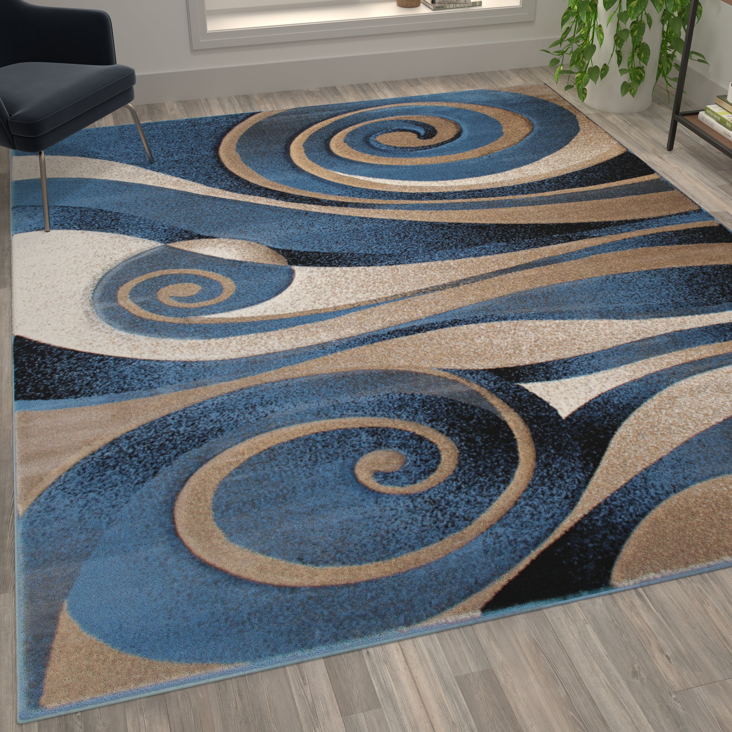 Coterie Collection 5' x 7' Modern Circular Patterned Indoor Area Rug - Blue and Beige Olefin Fibers with Jute Backing