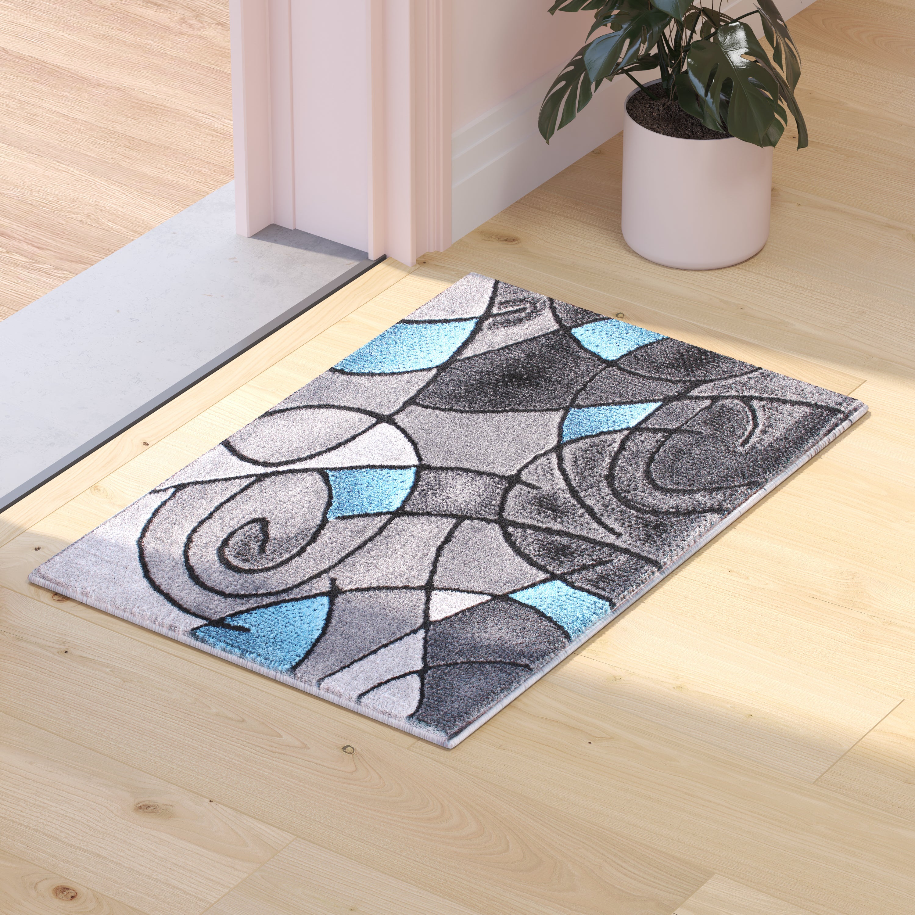 Jubilee Collection 2' x 3' Blue Abstract Pattern Area Rug - Olefin Rug with Jute Backing for Hallway, Entryway, or Bedroom