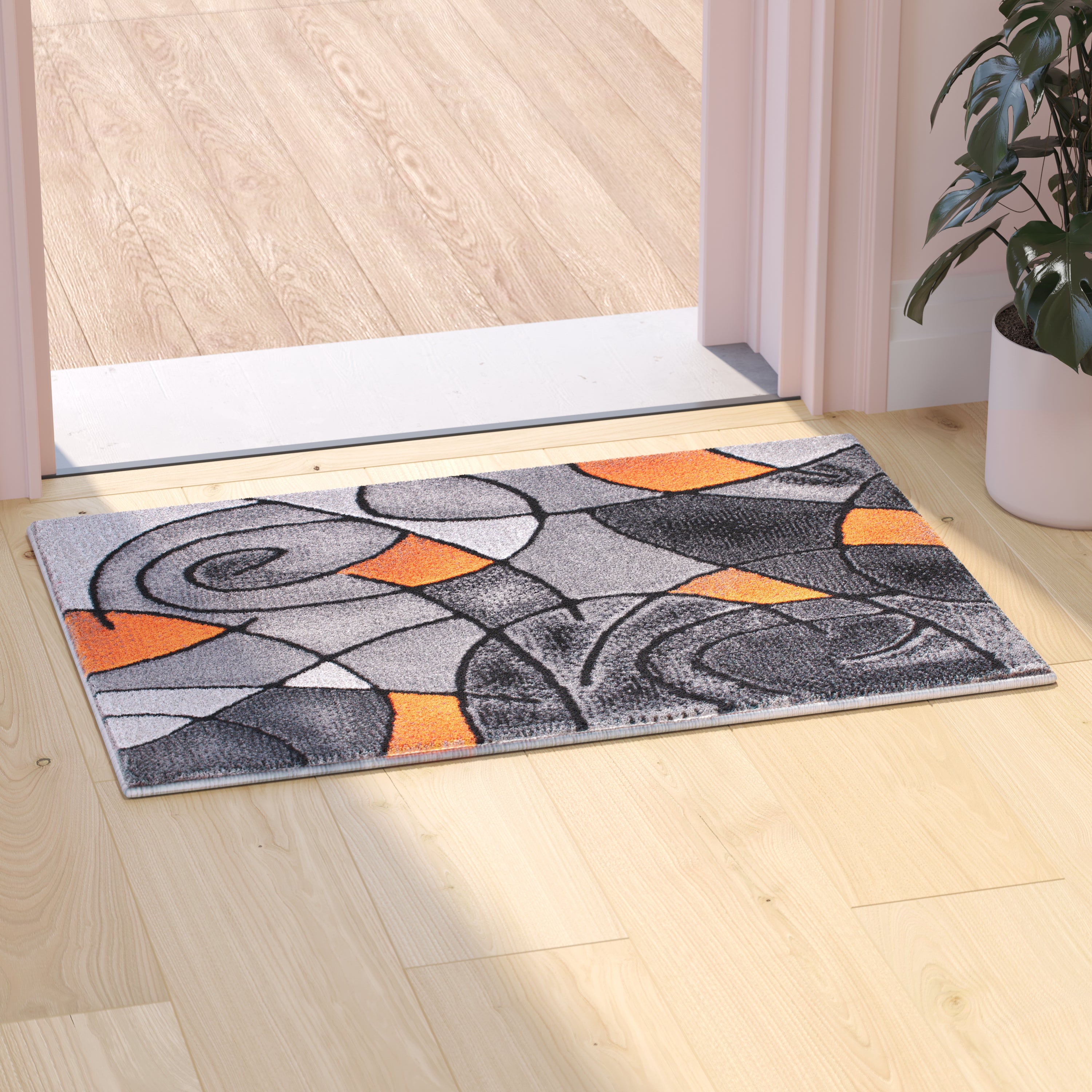 Jubilee Collection 2' x 3' Orange Abstract Pattern Area Rug - Olefin Rug with Jute Backing for Hallway, Entryway, or Bedroom