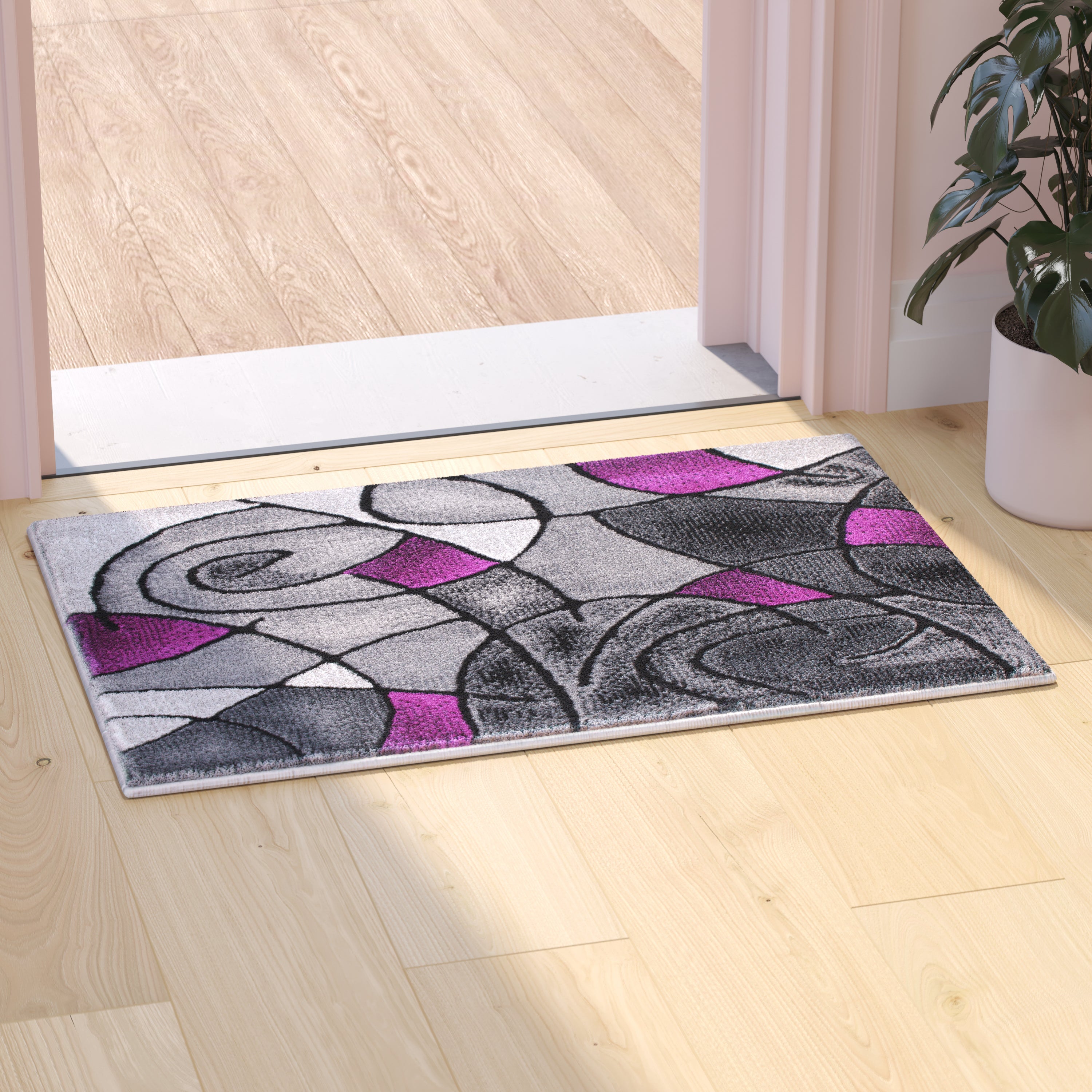 Jubilee Collection 2' x 3' Purple Abstract Pattern Area Rug - Olefin Rug with Jute Backing for Hallway, Entryway, or Bedroom
