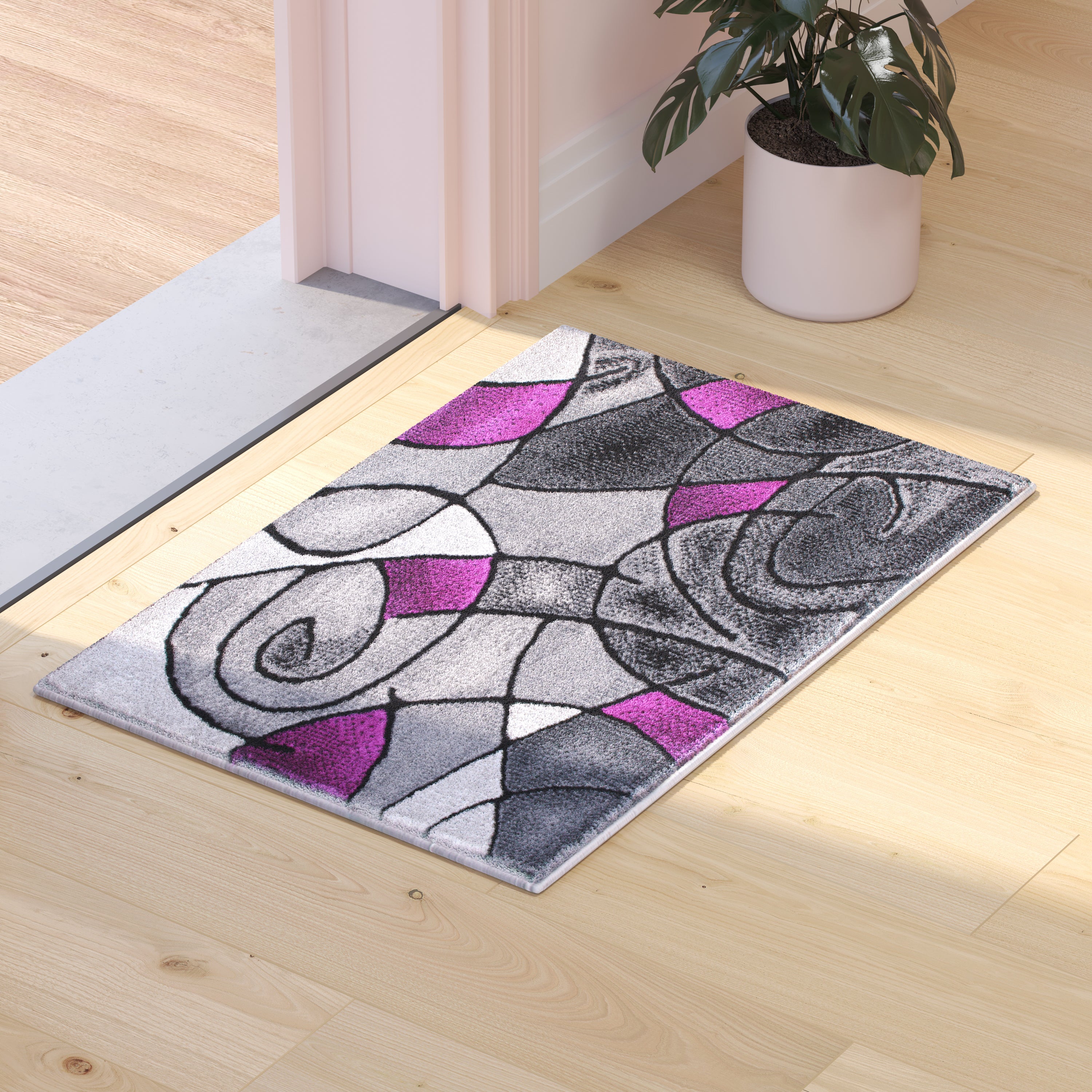 Jubilee Collection 2' x 3' Purple Abstract Pattern Area Rug - Olefin Rug with Jute Backing for Hallway, Entryway, or Bedroom