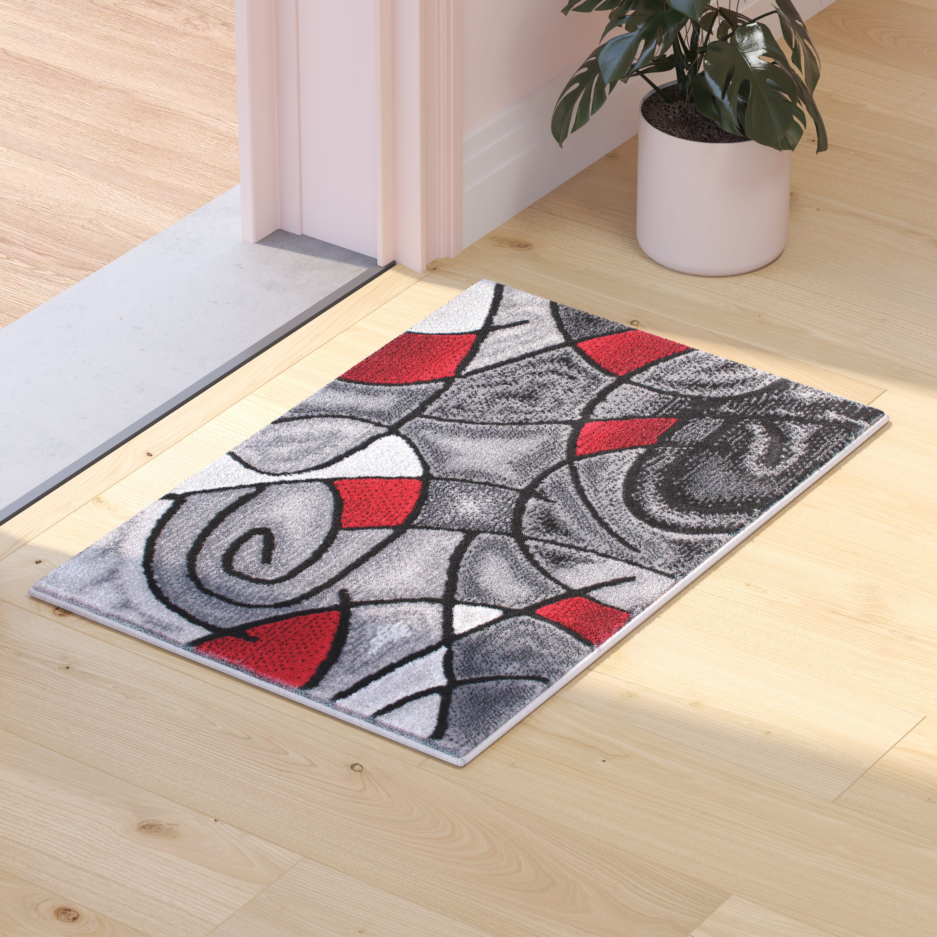 Jubilee Collection 2' x 3' Red Abstract Pattern Area Rug - Olefin Rug with Jute Backing for Hallway, Entryway, or Bedroom