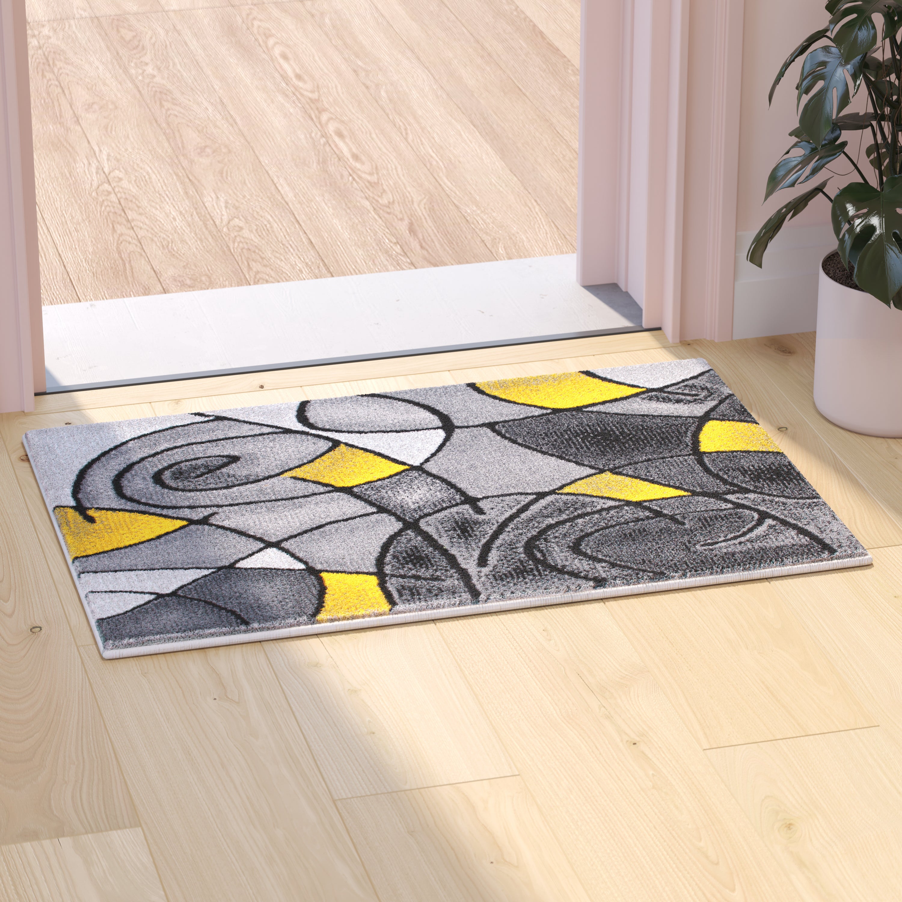 Jubilee Collection 2' x 3' Yellow Abstract Pattern Area Rug - Olefin Rug with Jute Backing for Hallway, Entryway, or Bedroom