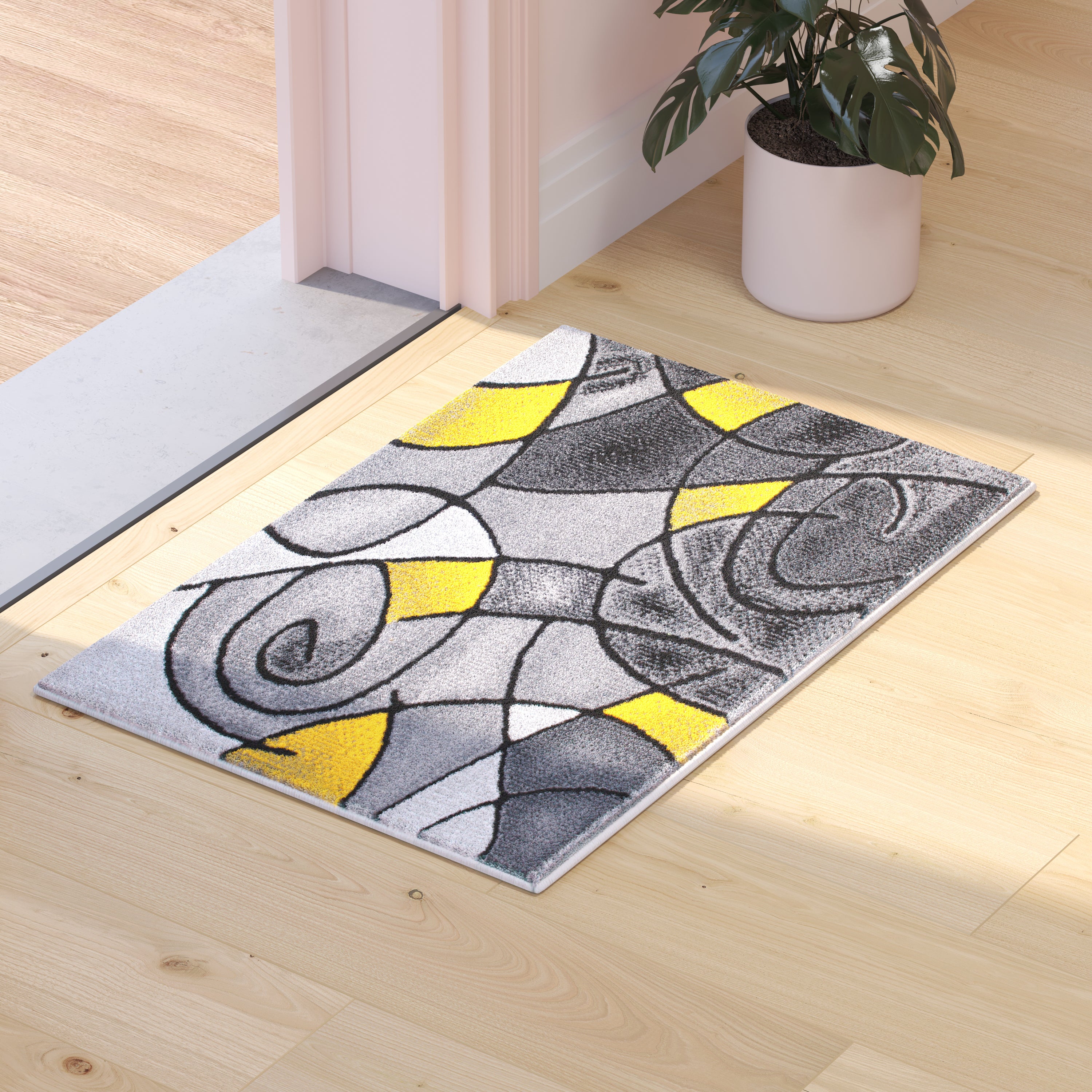 Jubilee Collection 2' x 3' Yellow Abstract Pattern Area Rug - Olefin Rug with Jute Backing for Hallway, Entryway, or Bedroom
