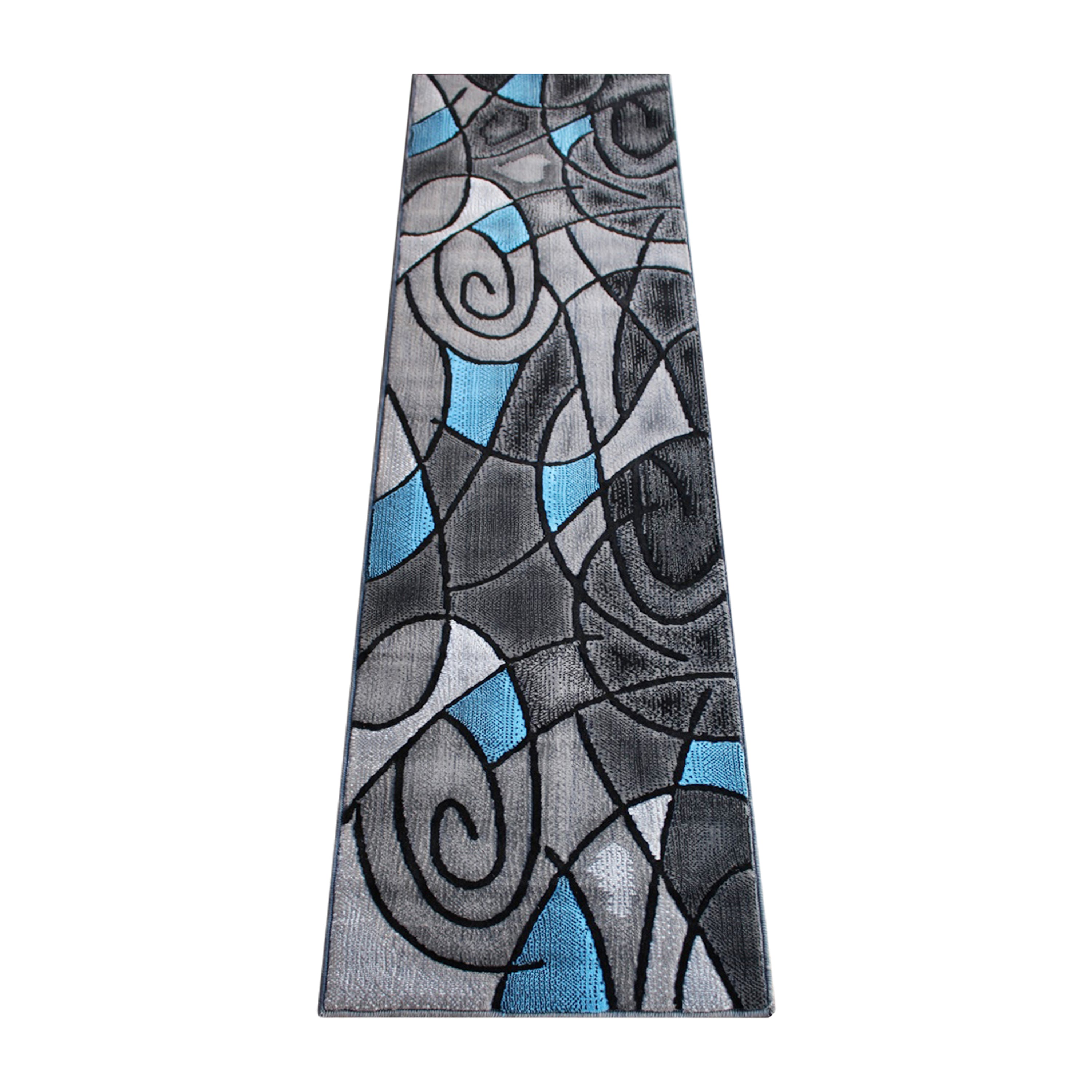 Jubilee Collection 2' x 7' Blue Abstract Area Rug - Olefin Rug with Jute Backing for Hallway, Entryway, Bedroom, Living Room