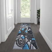 Jubilee Collection 2' x 7' Blue Abstract Area Rug - Olefin Rug with Jute Backing for Hallway, Entryway, Bedroom, Living Room