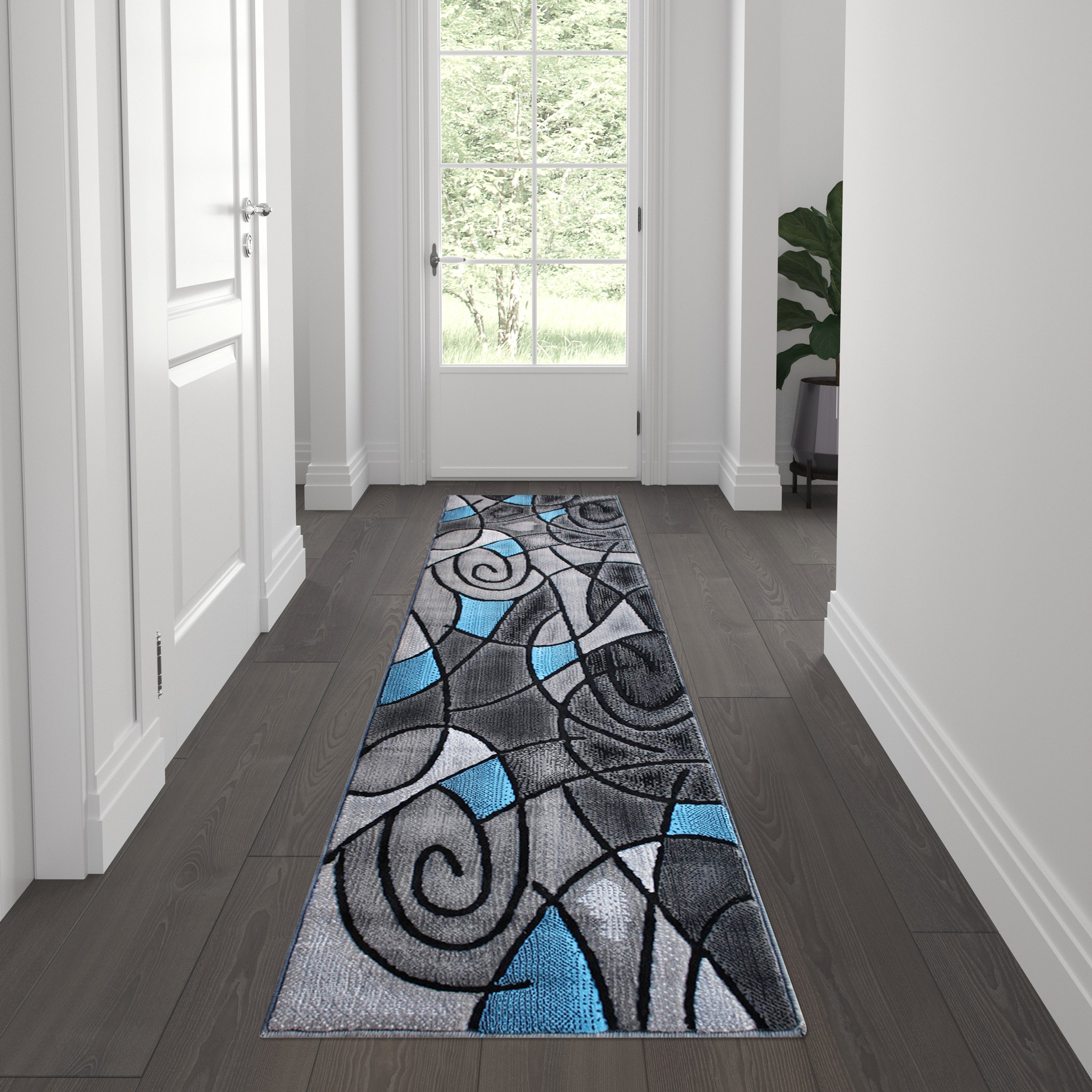 Jubilee Collection 2' x 7' Blue Abstract Area Rug - Olefin Rug with Jute Backing for Hallway, Entryway, Bedroom, Living Room