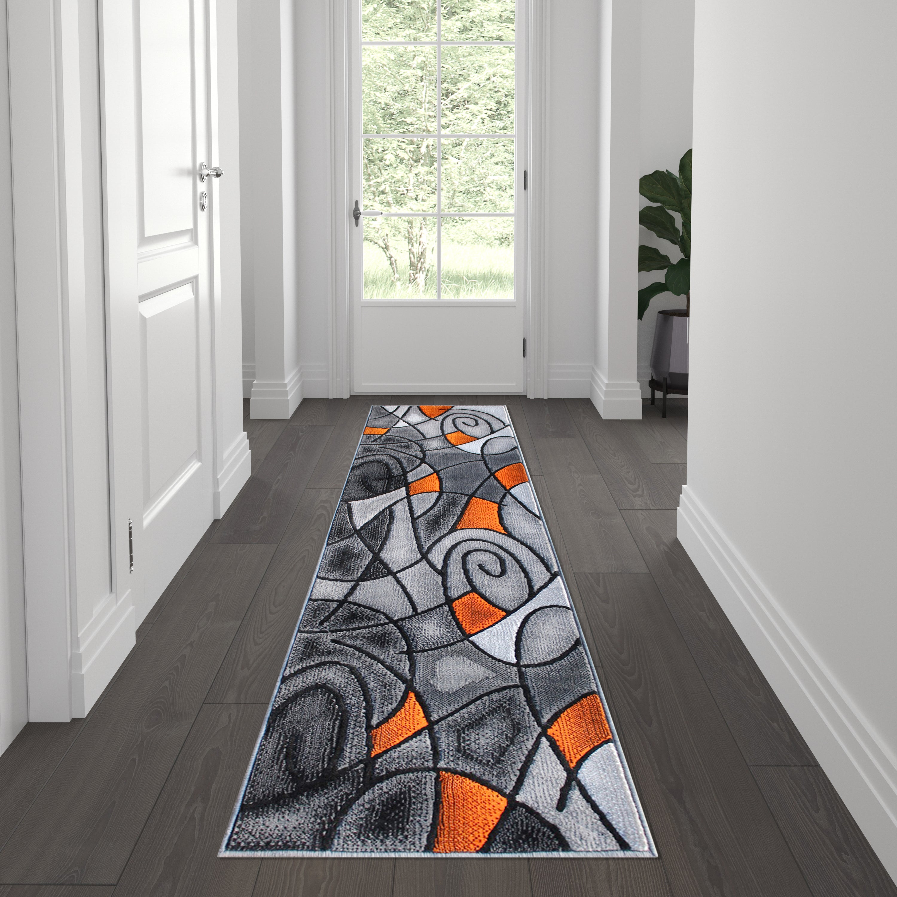 Jubilee Collection 2' x 7' Orange Abstract Area Rug - Olefin Rug with Jute Backing for Hallway, Entryway, Bedroom, Living Room