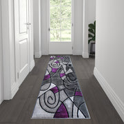 Jubilee Collection 2' x 7' Purple Abstract Area Rug - Olefin Rug with Jute Backing for Hallway, Entryway, Bedroom, Living Room