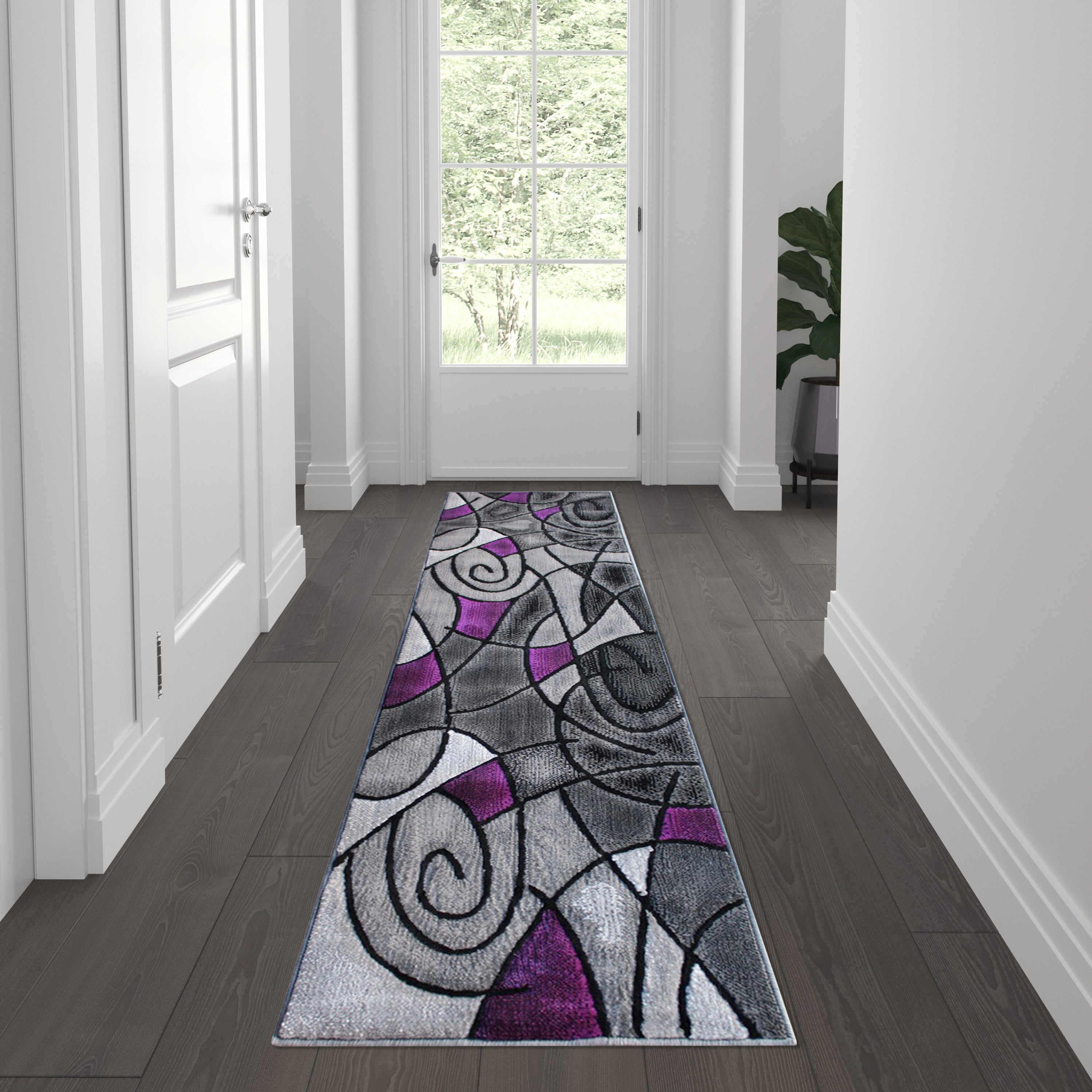 Jubilee Collection 2' x 7' Purple Abstract Area Rug - Olefin Rug with Jute Backing for Hallway, Entryway, Bedroom, Living Room