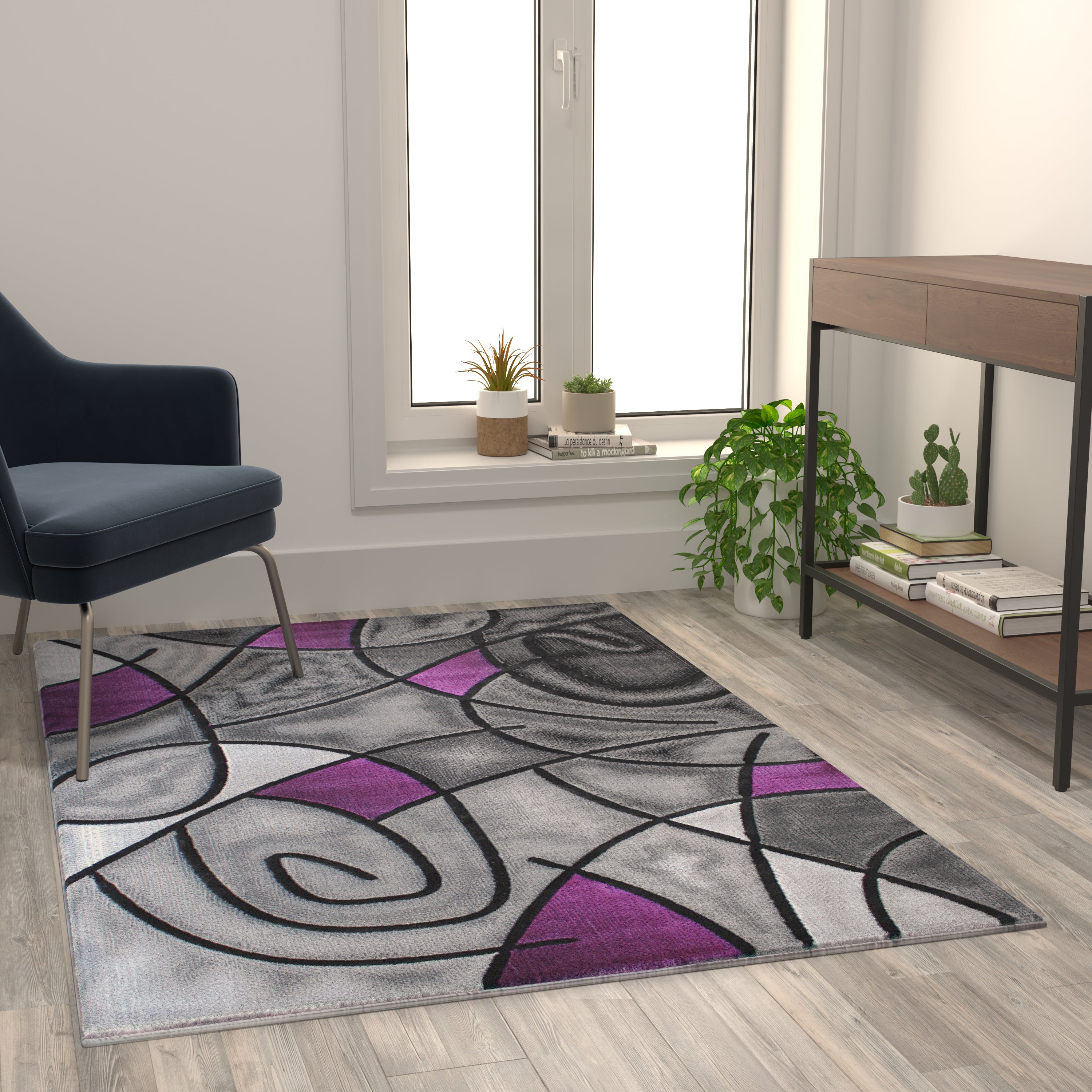 Jubilee Collection 3' x 5' Purple Abstract Area Rug - Olefin Rug with Jute Backing - Living Room, Bedroom, & Family Room
