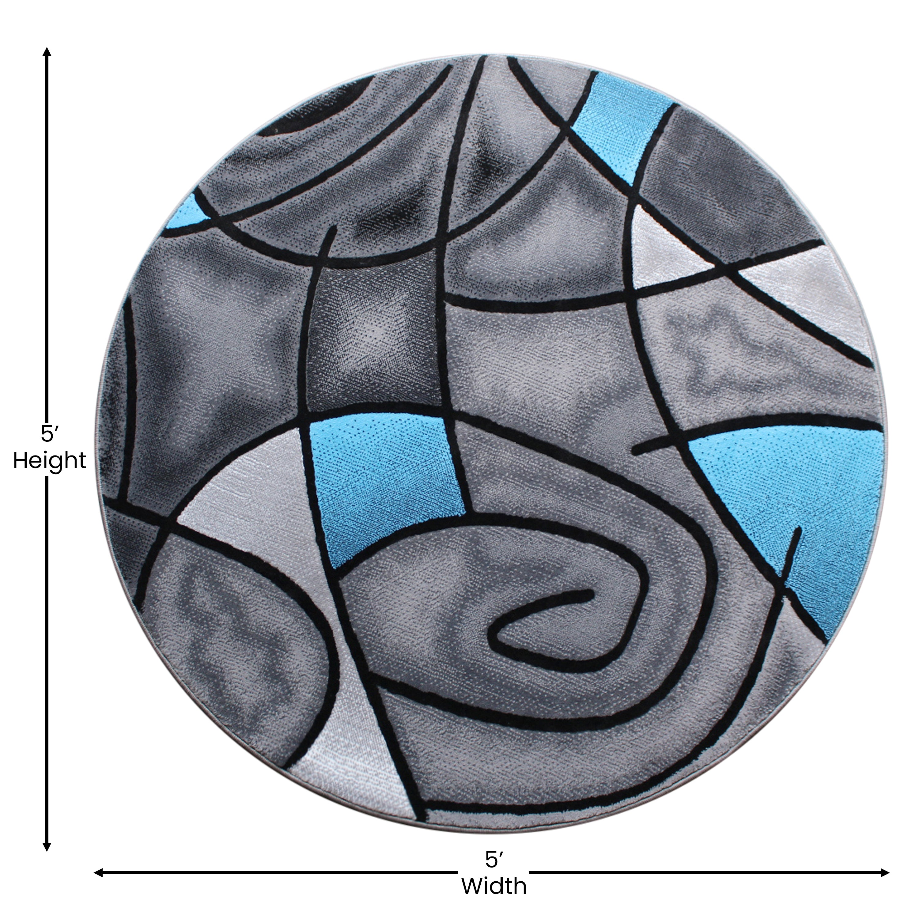 Jubilee Collection 5' x 5' Round Blue Abstract Area Rug - Olefin Rug with Jute Backing - Living Room, Bedroom, Family Room
