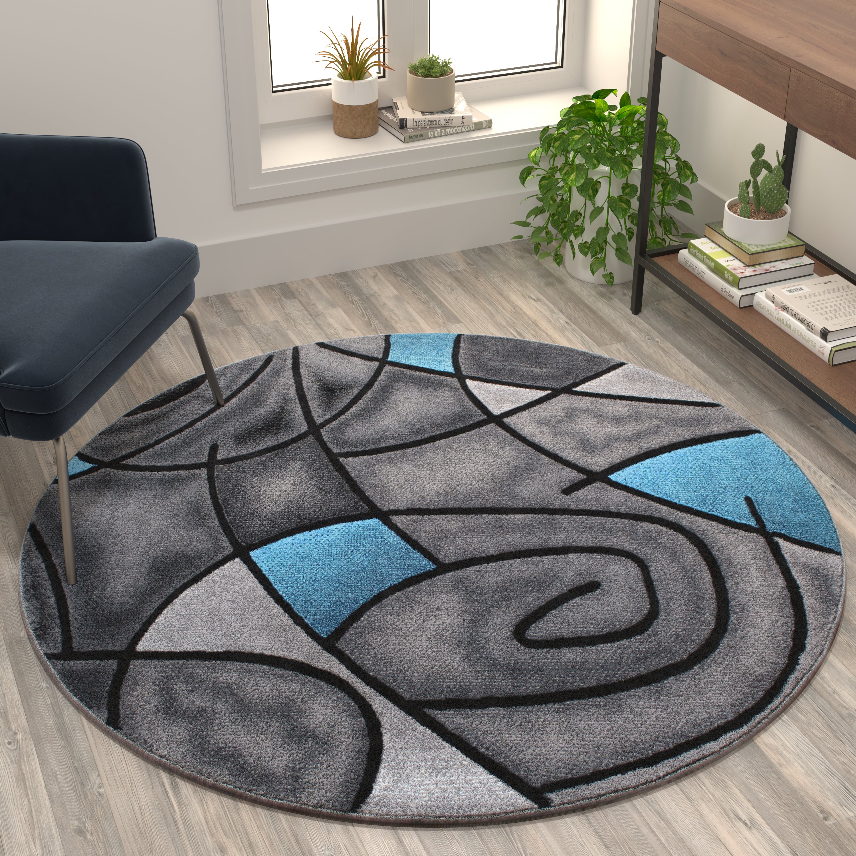 Jubilee Collection 5' x 5' Round Blue Abstract Area Rug - Olefin Rug with Jute Backing - Living Room, Bedroom, Family Room