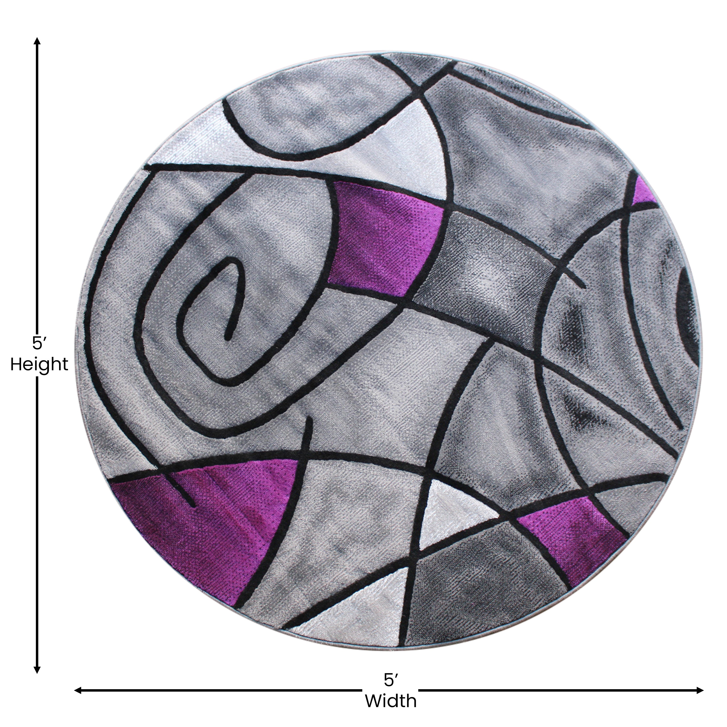 Jubilee Collection 5' x 5' Round Purple Abstract Area Rug - Olefin Rug with Jute Backing - Living Room, Bedroom, Family Room