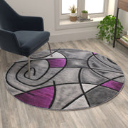Jubilee Collection 5' x 5' Round Purple Abstract Area Rug - Olefin Rug with Jute Backing - Living Room, Bedroom, Family Room