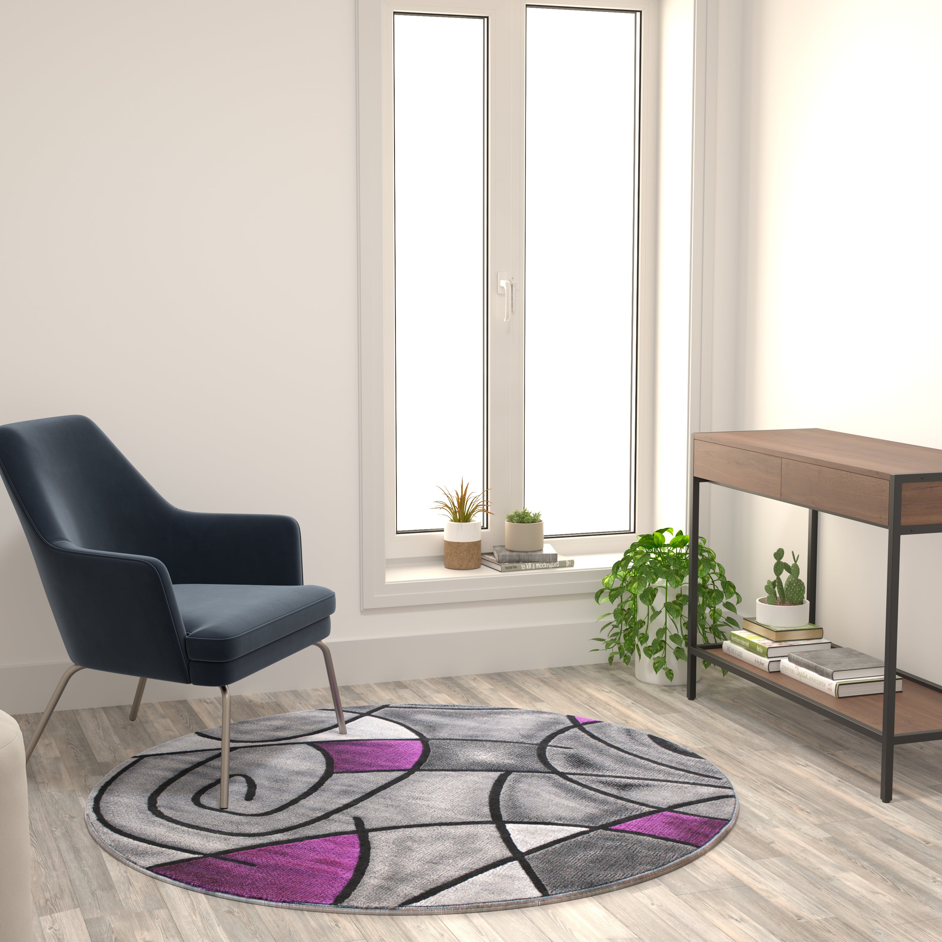 Jubilee Collection 5' x 5' Round Purple Abstract Area Rug - Olefin Rug with Jute Backing - Living Room, Bedroom, Family Room
