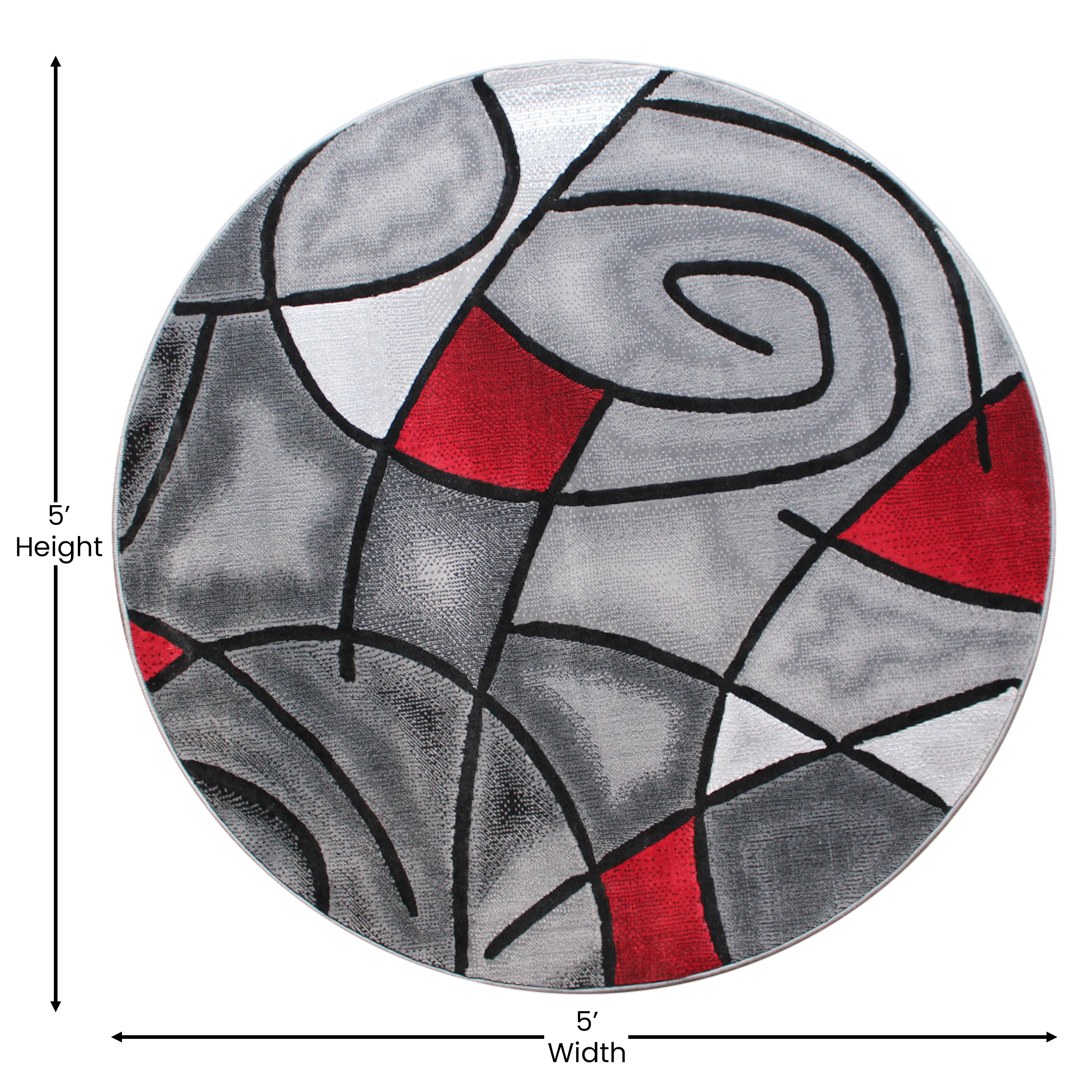 Jubilee Collection 5' x 5' Round Red Abstract Area Rug - Olefin Rug with Jute Backing - Living Room, Bedroom, Family Room