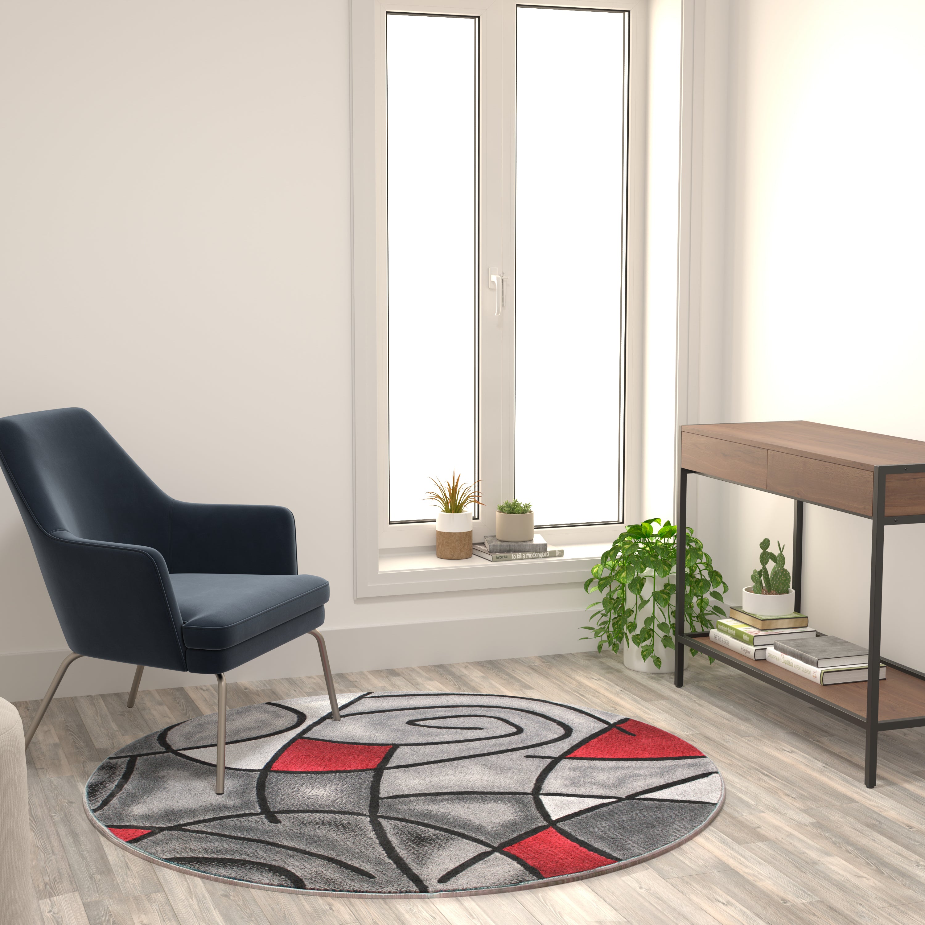 Jubilee Collection 5' x 5' Round Red Abstract Area Rug - Olefin Rug with Jute Backing - Living Room, Bedroom, Family Room