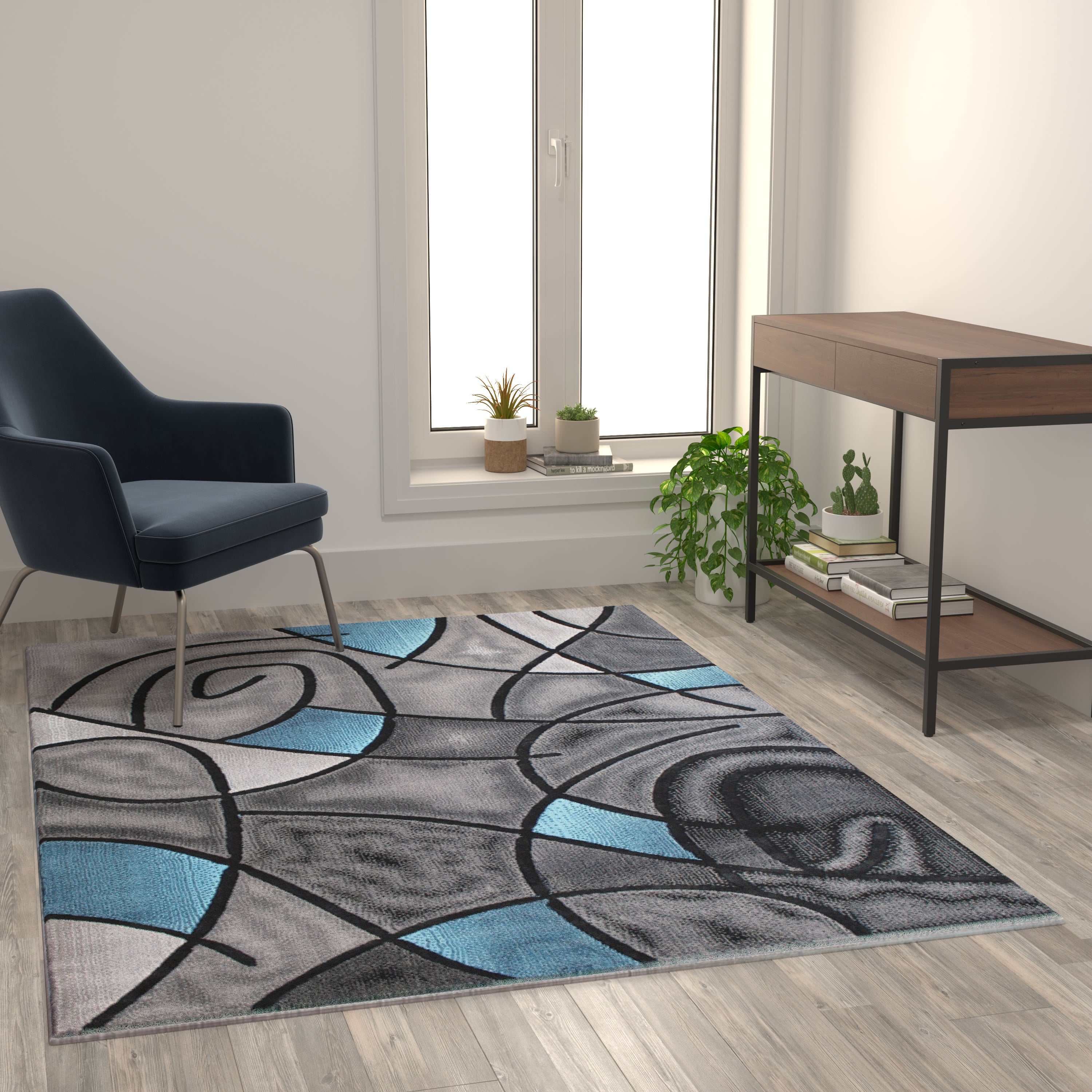 Jubilee Collection 5' x 7' Blue Abstract Area Rug - Olefin Rug with Jute Backing - Living Room, Bedroom, & Family Room