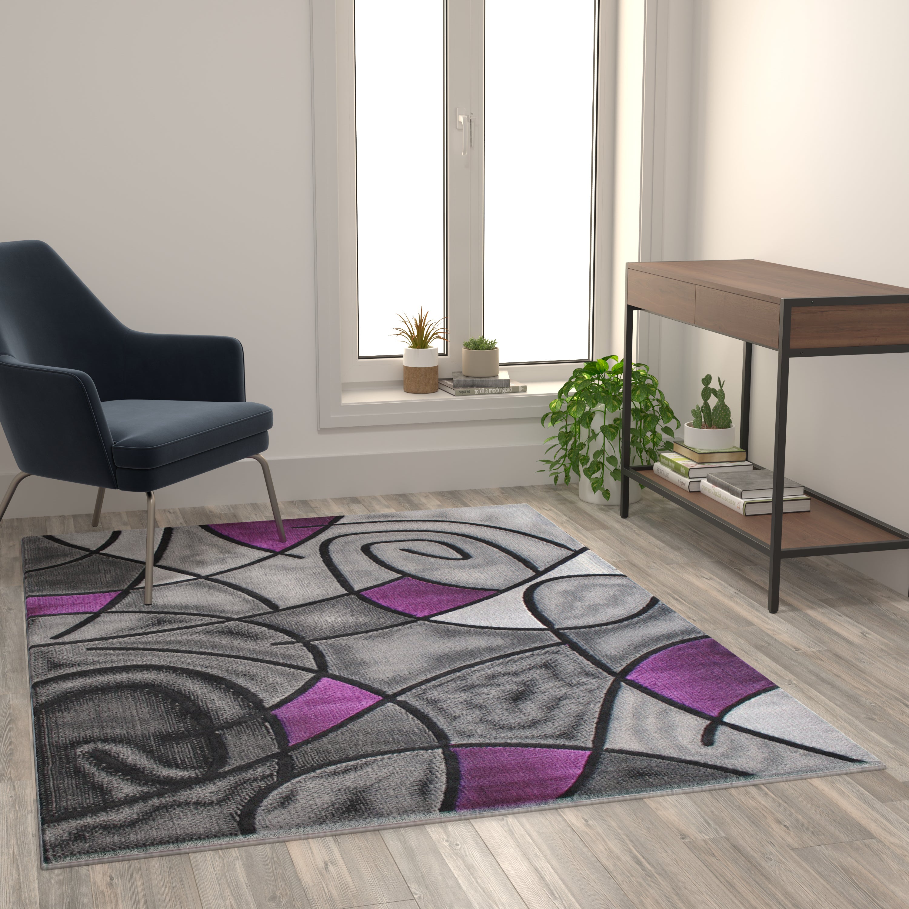 Jubilee Collection 5' x 7' Purple Abstract Area Rug - Olefin Rug with Jute Backing - Living Room, Bedroom, & Family Room