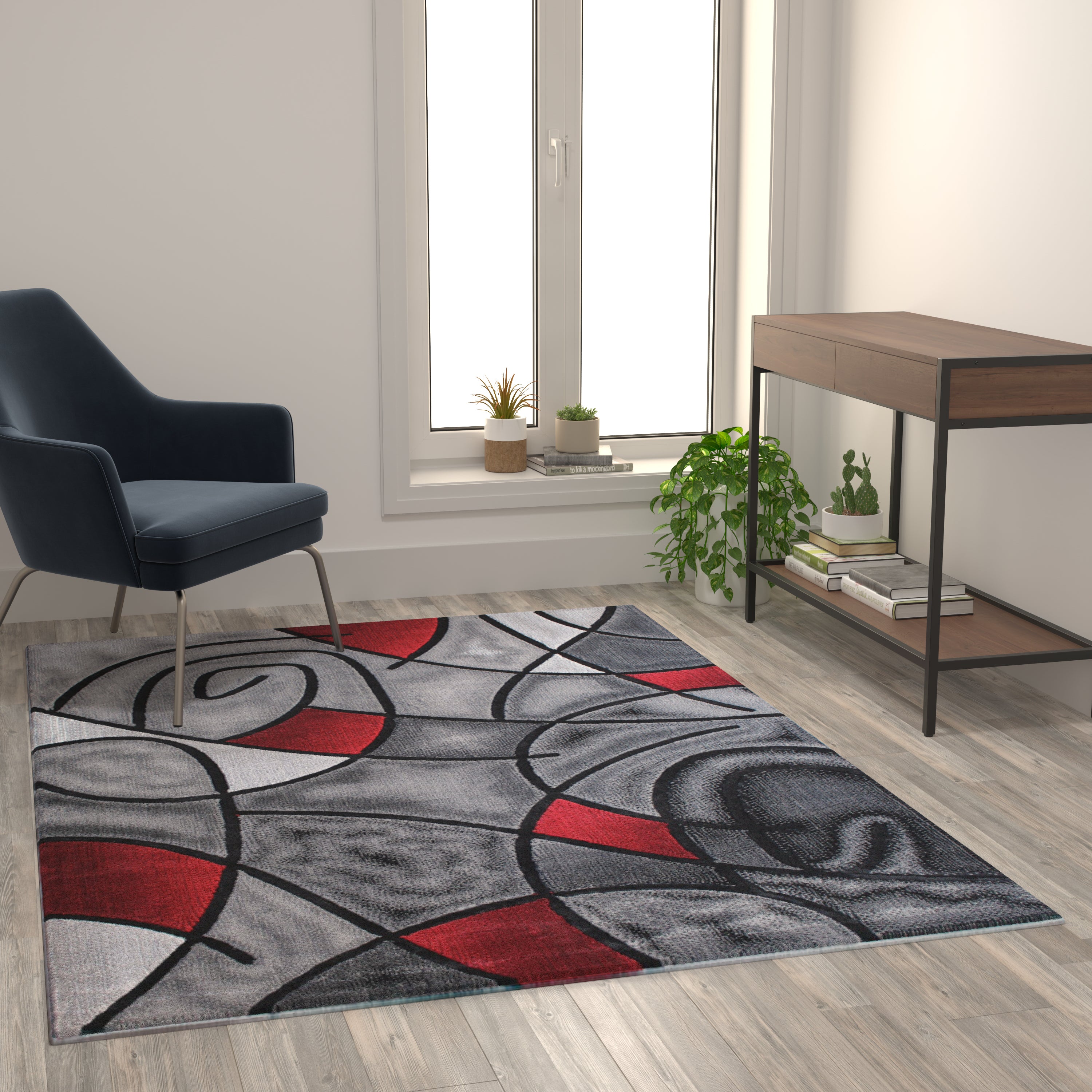 Jubilee Collection 5' x 7' Red Abstract Area Rug - Olefin Rug with Jute Backing - Living Room, Bedroom, & Family Room